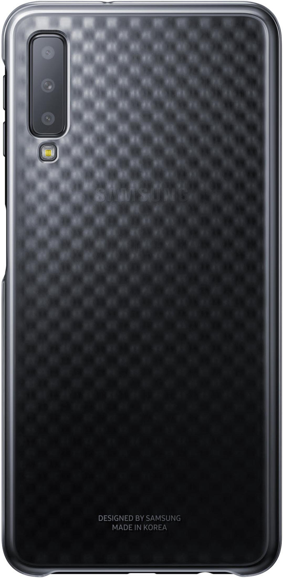 Teléfono Samsung negro con triple cámara y patrón de nido de abeja.