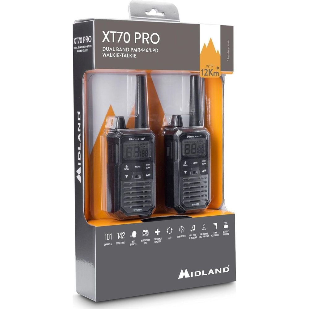 Dwa czarne radiotelefony Midland XT70 Pro w pudełku z grafiką górską.