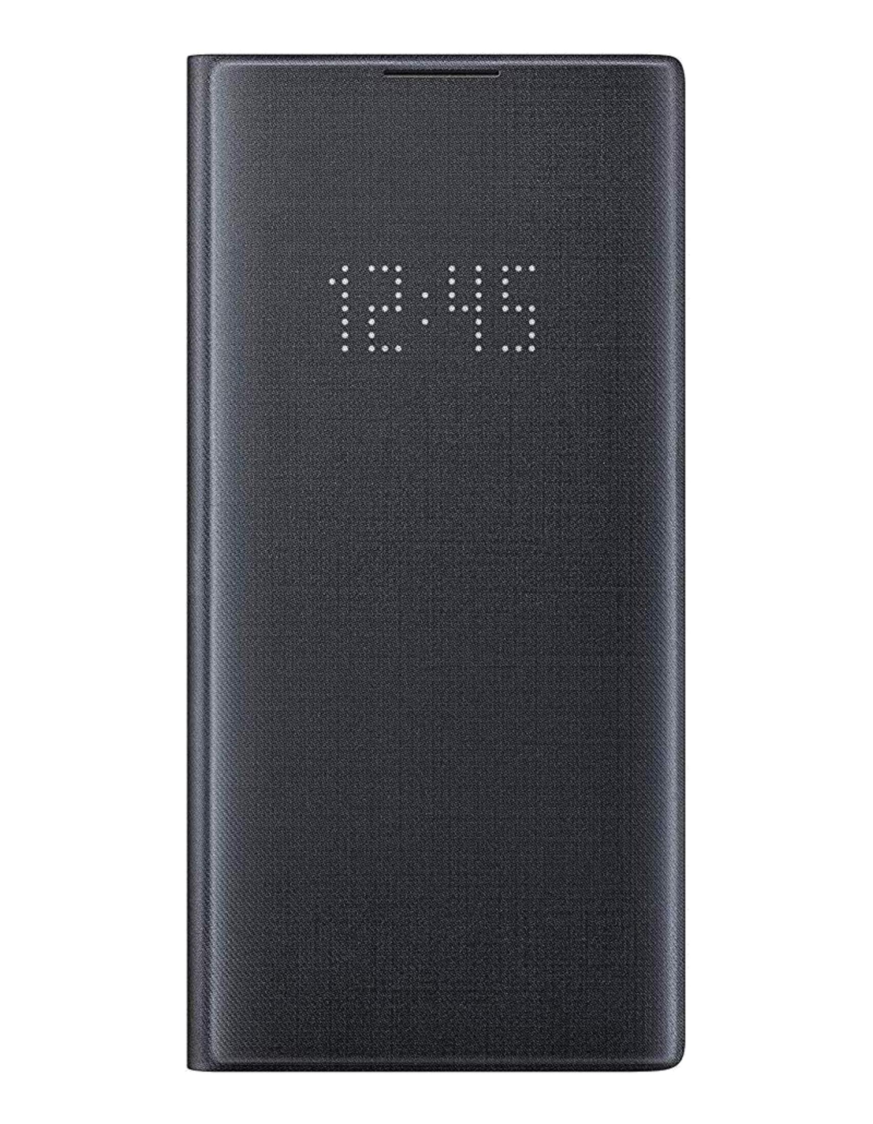 Una cover per telefono nera che mostra le 12:45 con punti LED.