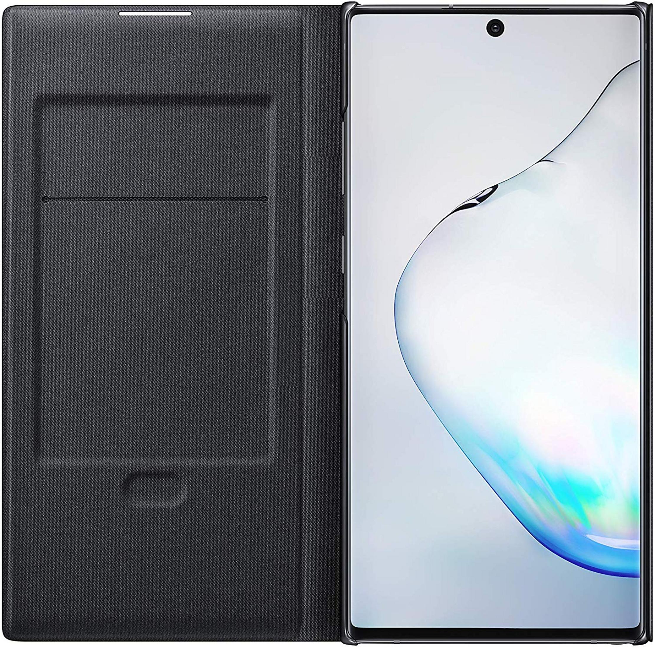Custodia nera per telefono con un lato aperto che mostra uno smartphone con schermo luminoso.