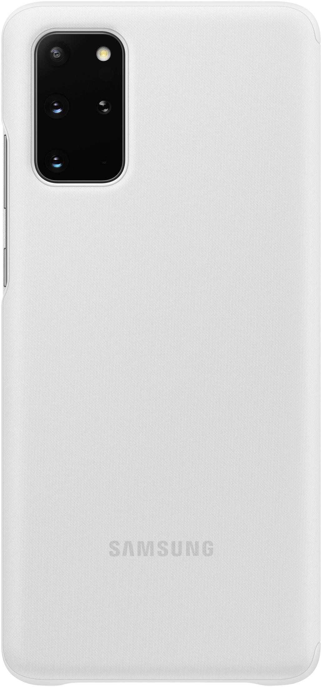 Weiße Samsung-Handyhülle mit rechteckiger Kameraöffnung und Samsung-Logo.