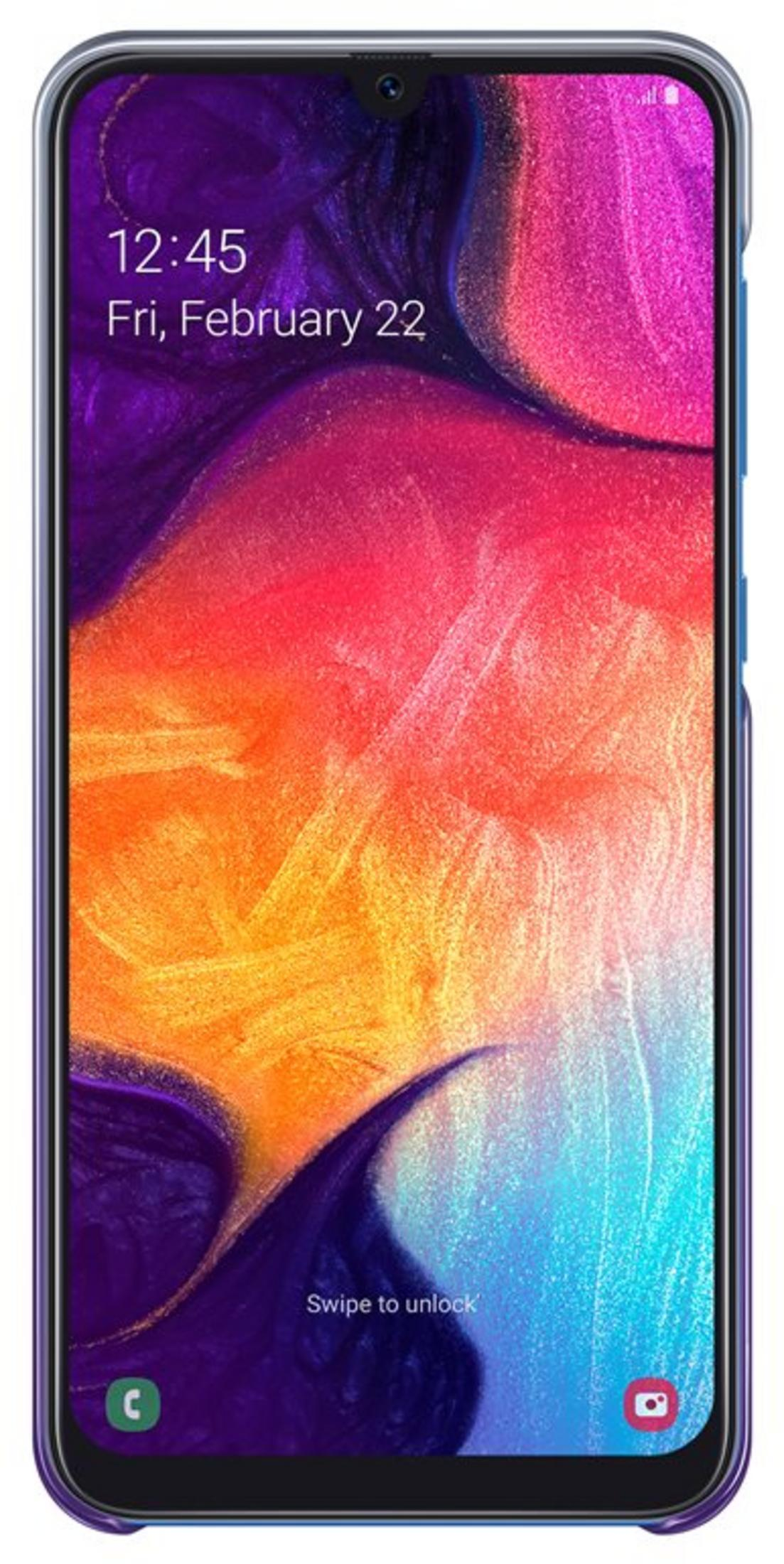 Een smartphone met 12:45 op een kleurrijke abstracte achtergrond.