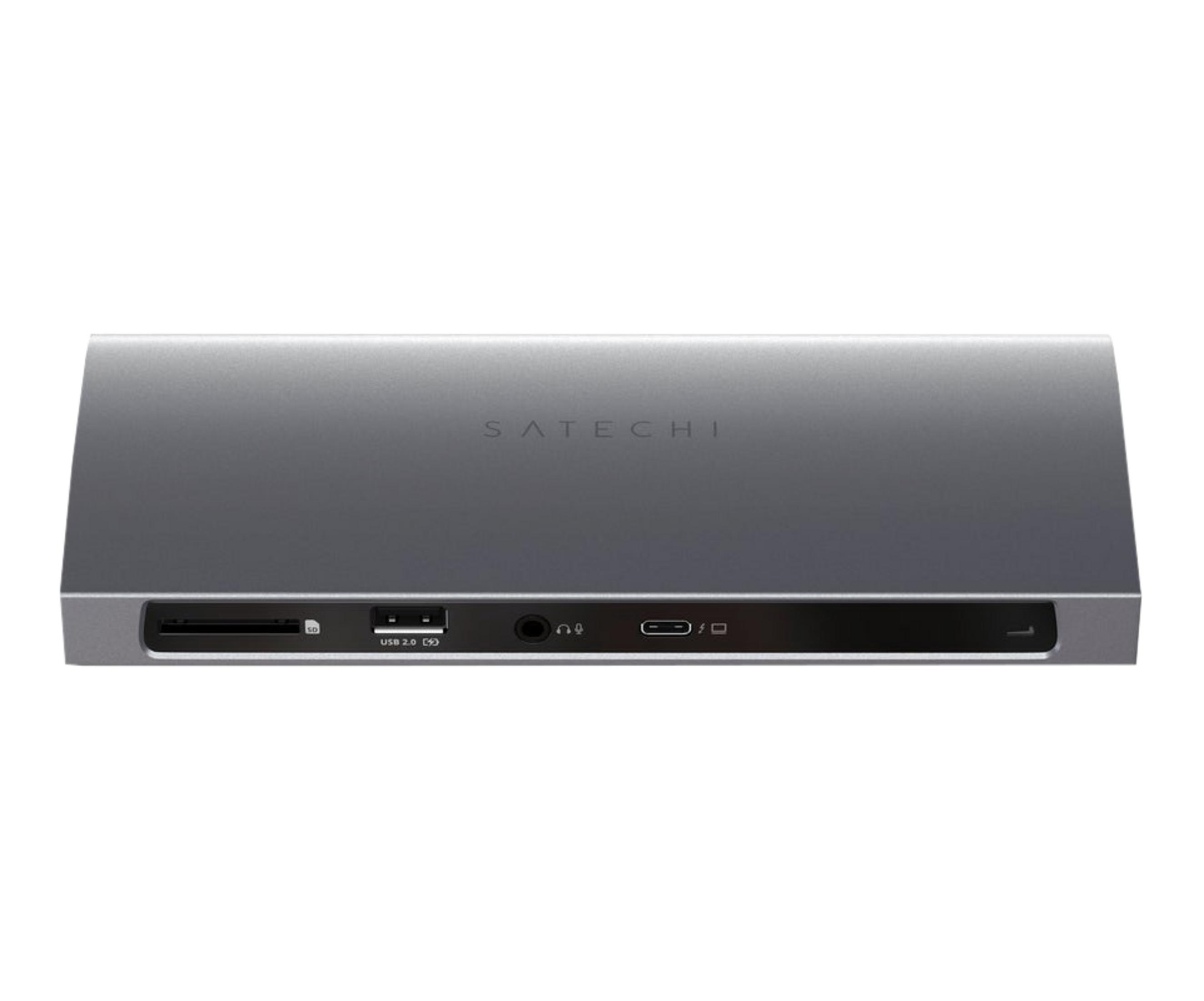 Grauer Satechi-Hub mit SD-Kartensteckplatz, USB-Anschluss, Kopfhörerbuchse und USB-C.