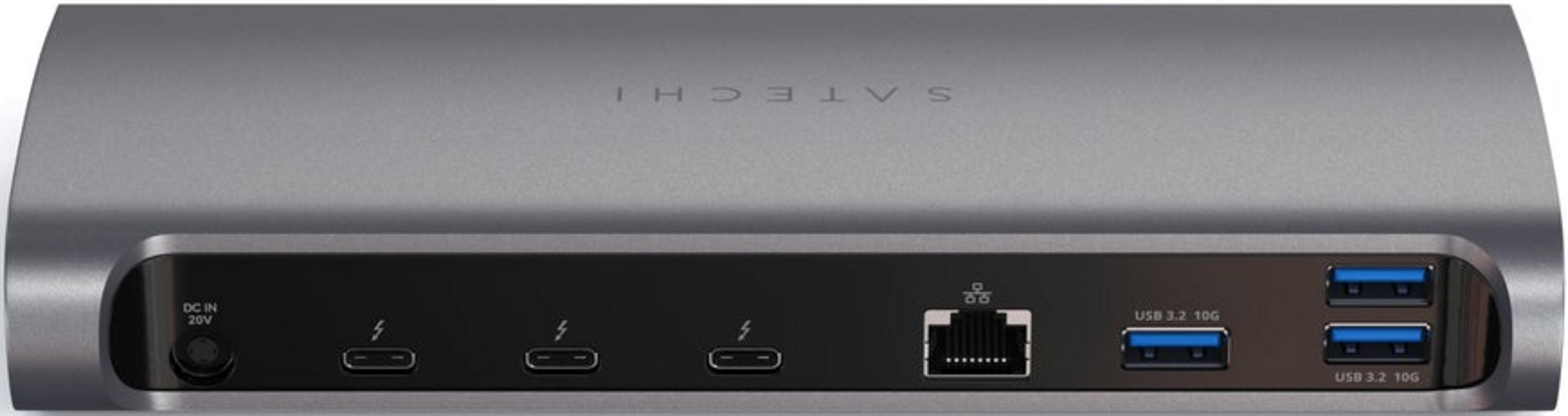 Grauer Satechi Hub mit USB-C, USB-A, LAN und Stromanschluss.