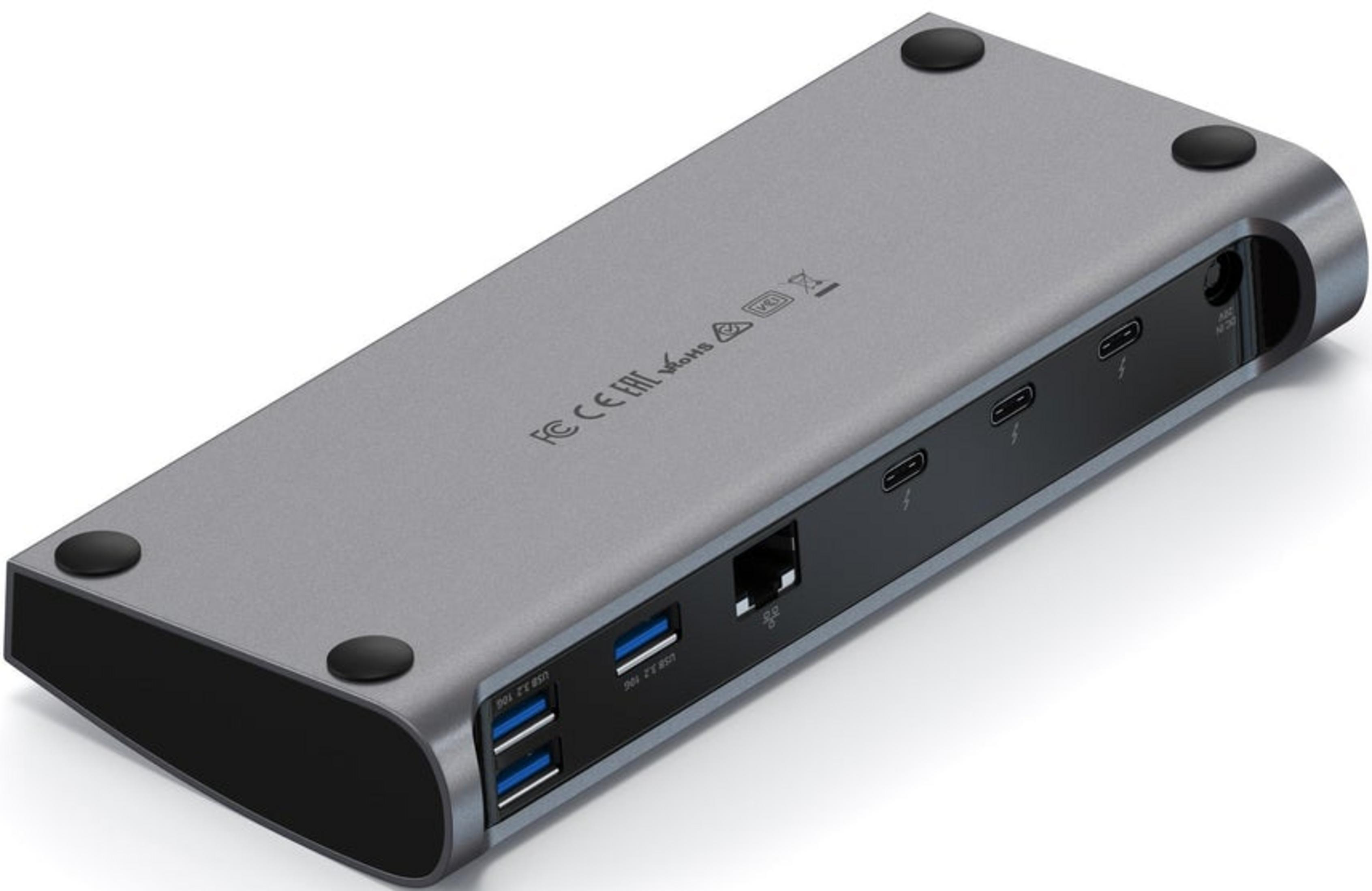 Grauer USB-C-Hub mit mehreren Anschlüssen: USB-A, Ethernet, Thunderbolt und Stromversorgung.