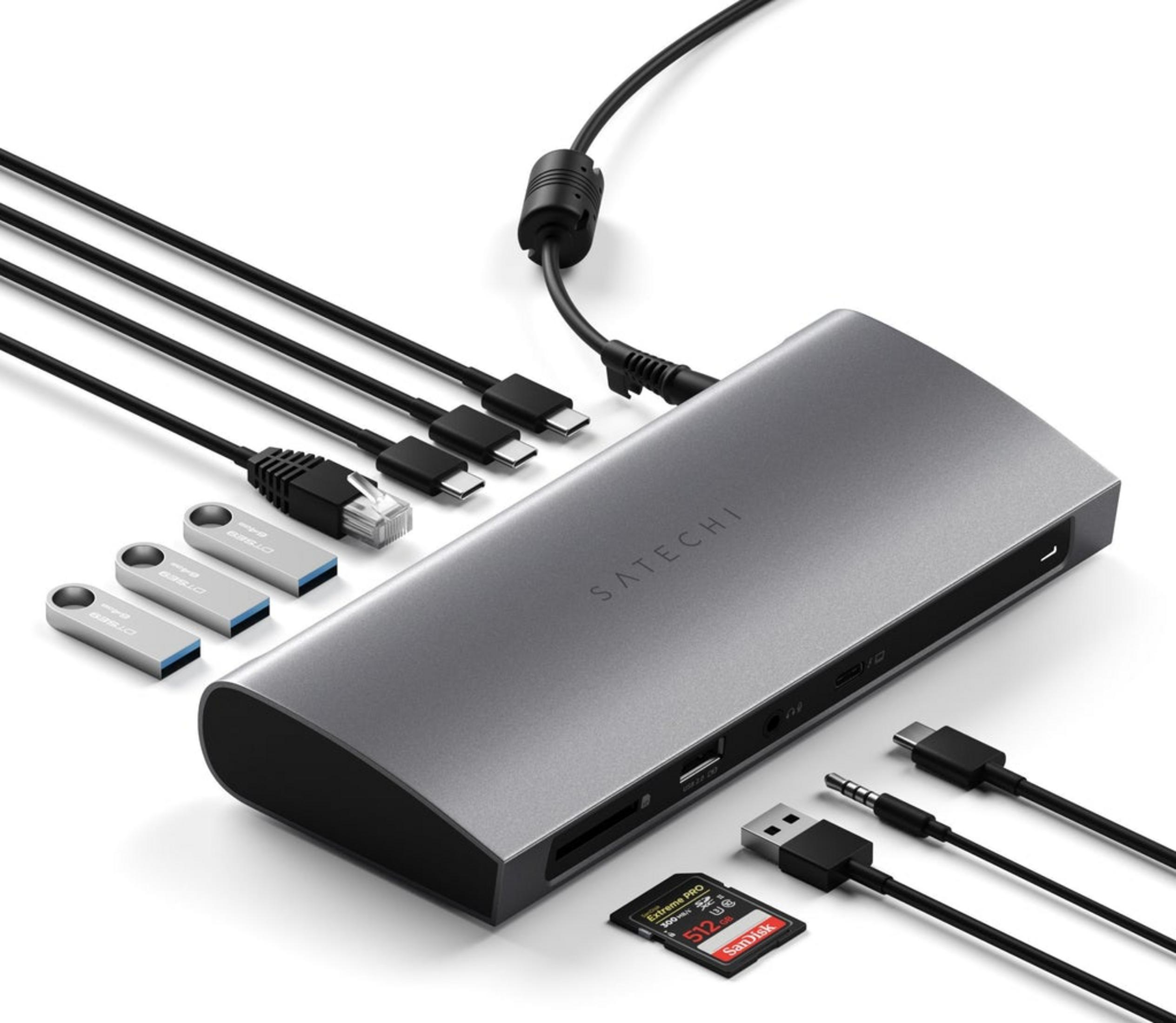Grauer Satechi Hub mit USB-Sticks, SD-Karte, Ethernet- und USB-C-Kabeln.