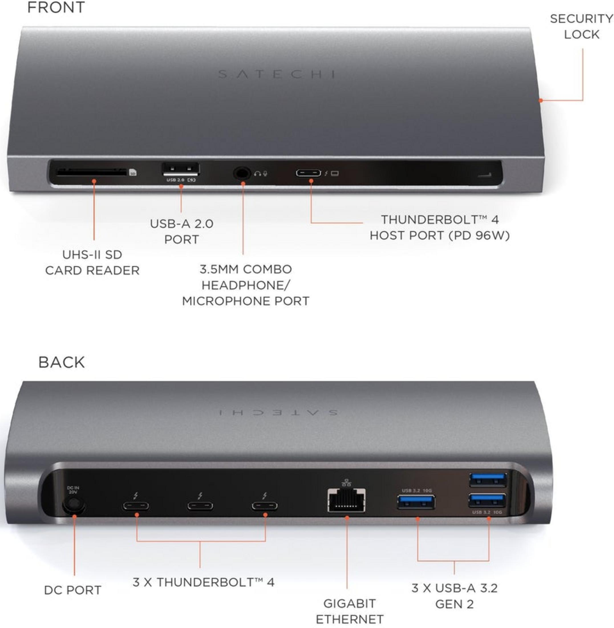 Grauer Satechi-Dockingstation: Vorderseite mit SD-Kartenleser, USB-A, Audioanschluss und Thunderbolt 4.