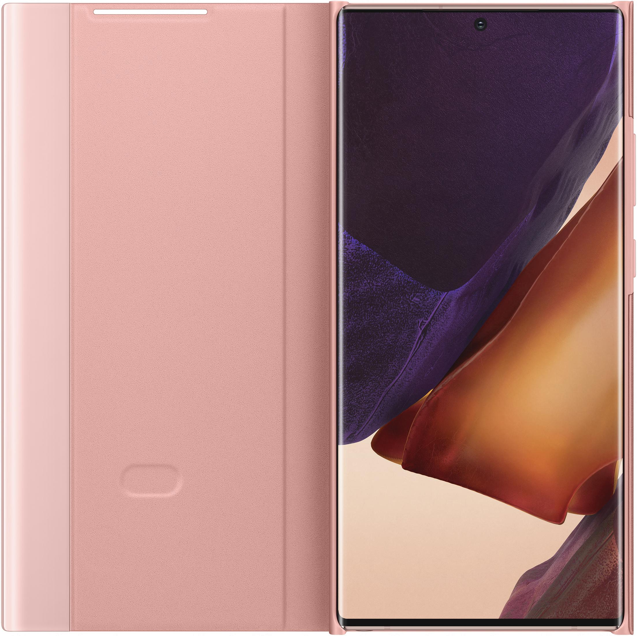 Una custodia rosa per telefono accanto a uno smartphone con schermo viola e arancione.