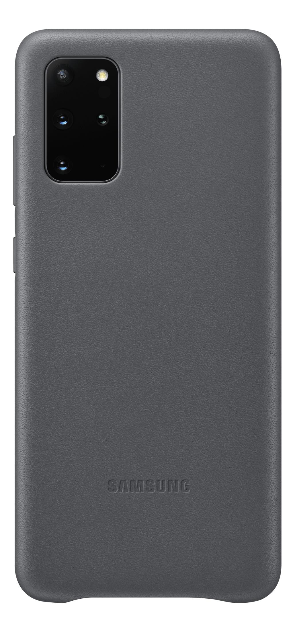 Funda de teléfono gris con módulo de cámara y logo Samsung.
