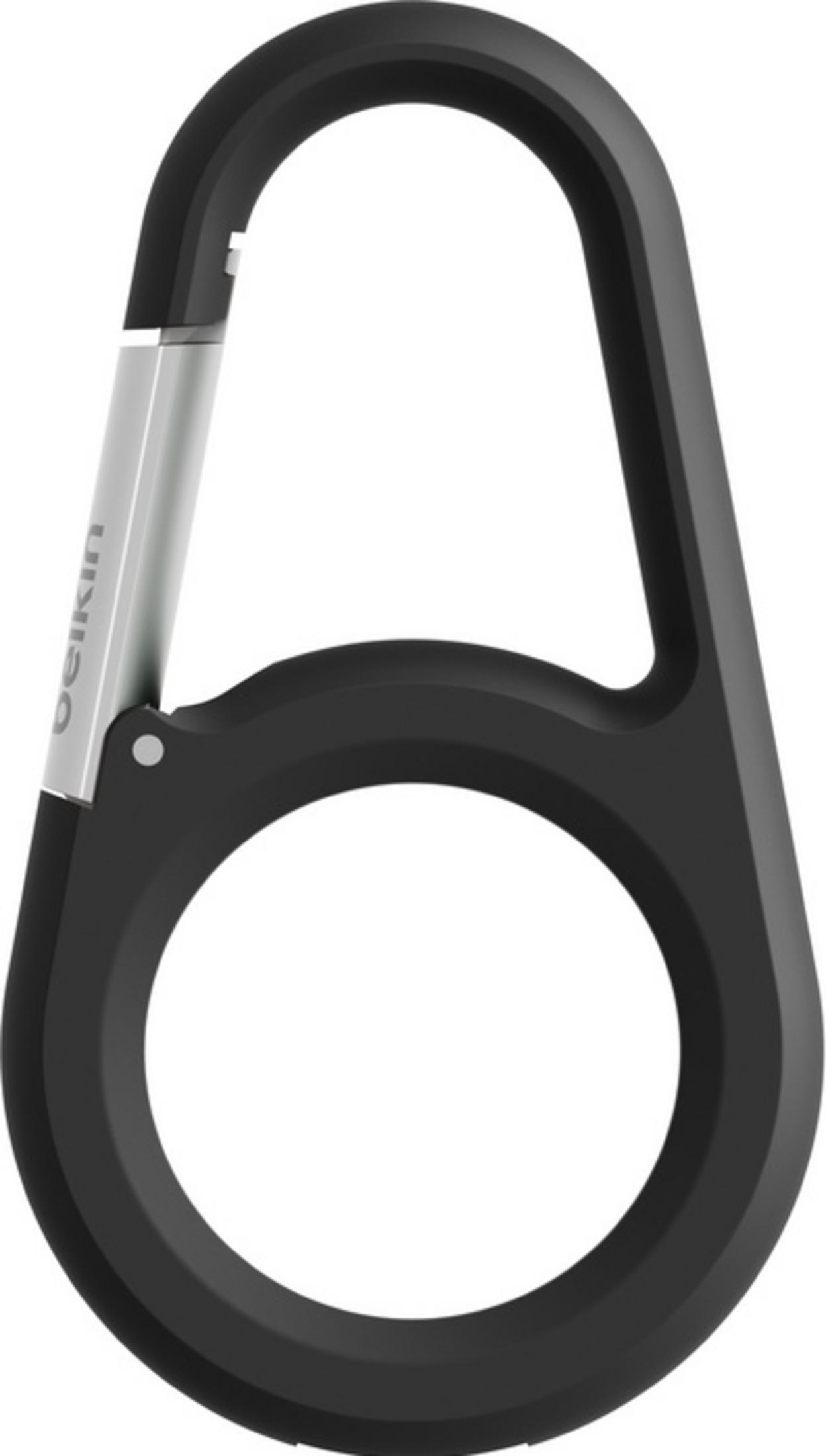 Un moschettone nero con logo Belkin argentato, su sfondo bianco.