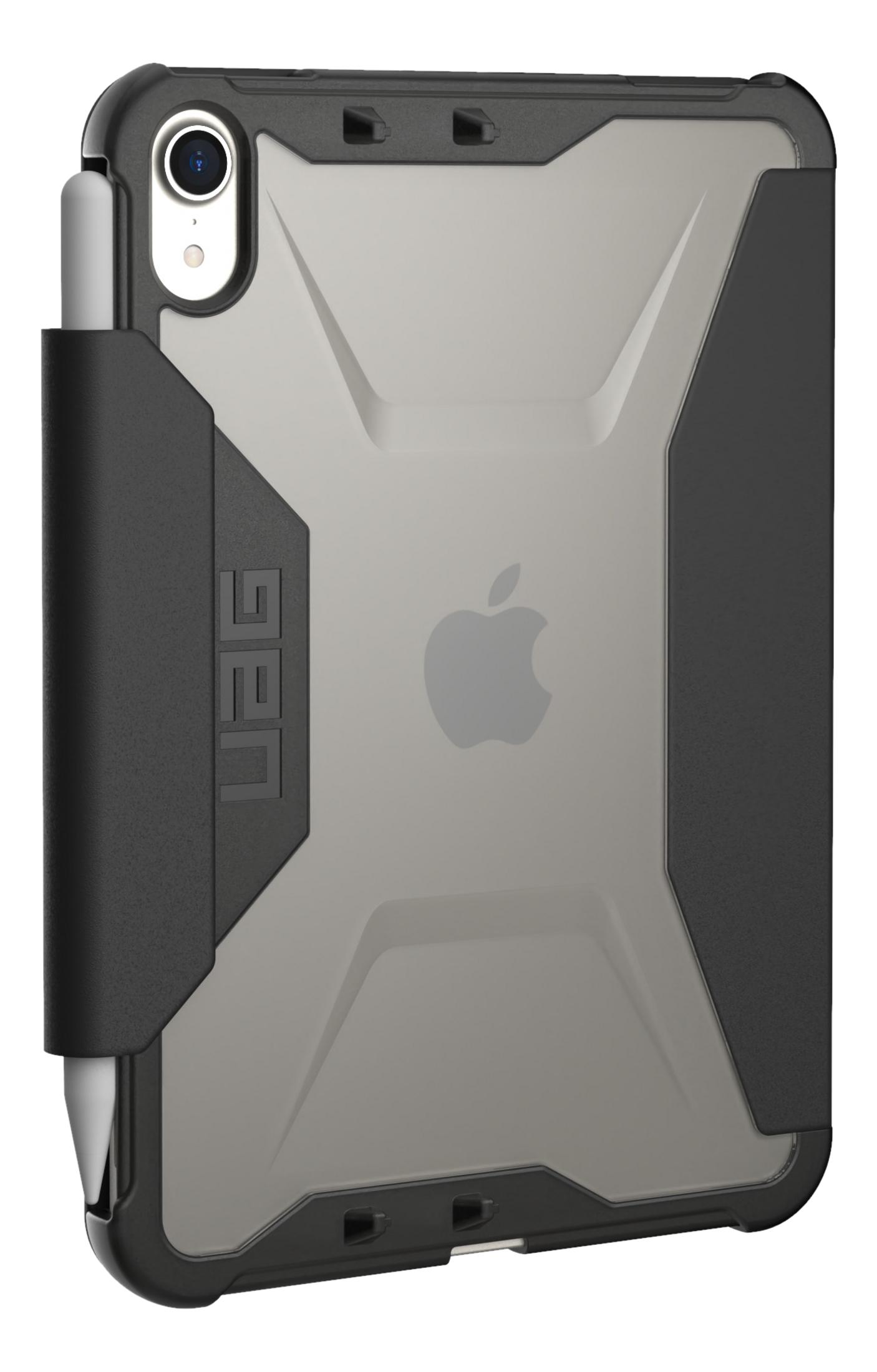 Graue Hülle für ein Tablet mit Apple-Logo, Stifthalterung links.