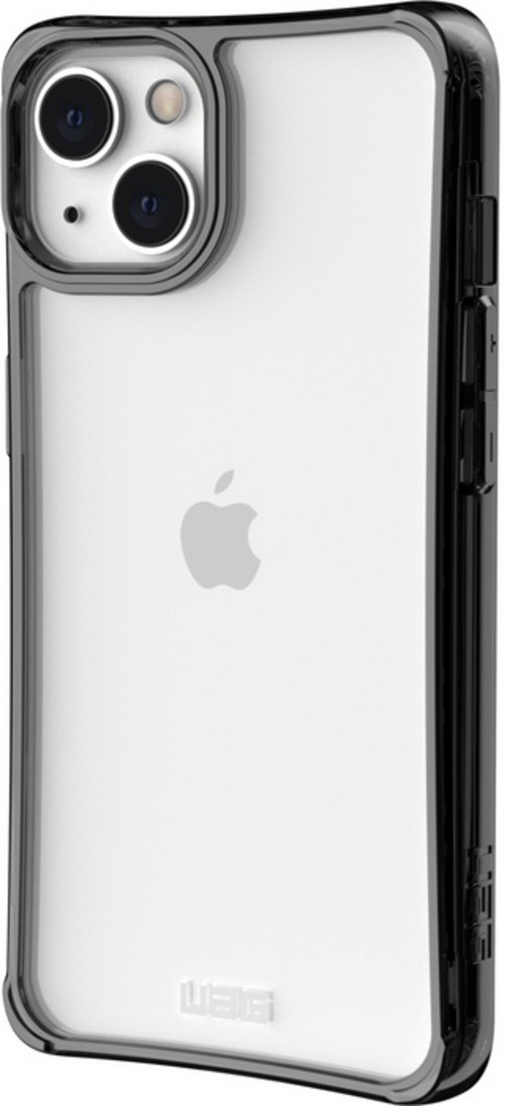 Una funda transparente para iPhone con borde negro y logo de Apple.