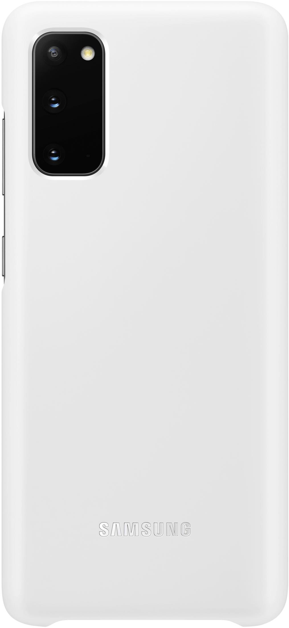 Custodia bianca per telefono con modulo fotocamera e logo Samsung.