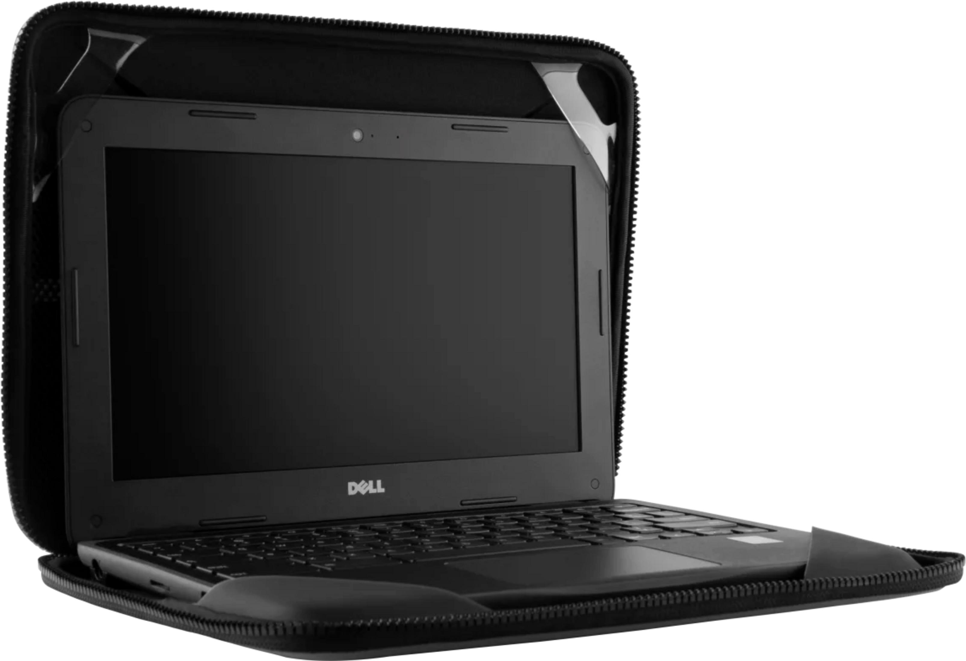 Ein schwarzer Dell Laptop in einer schwarzen Hülle, auf weißem Hintergrund.