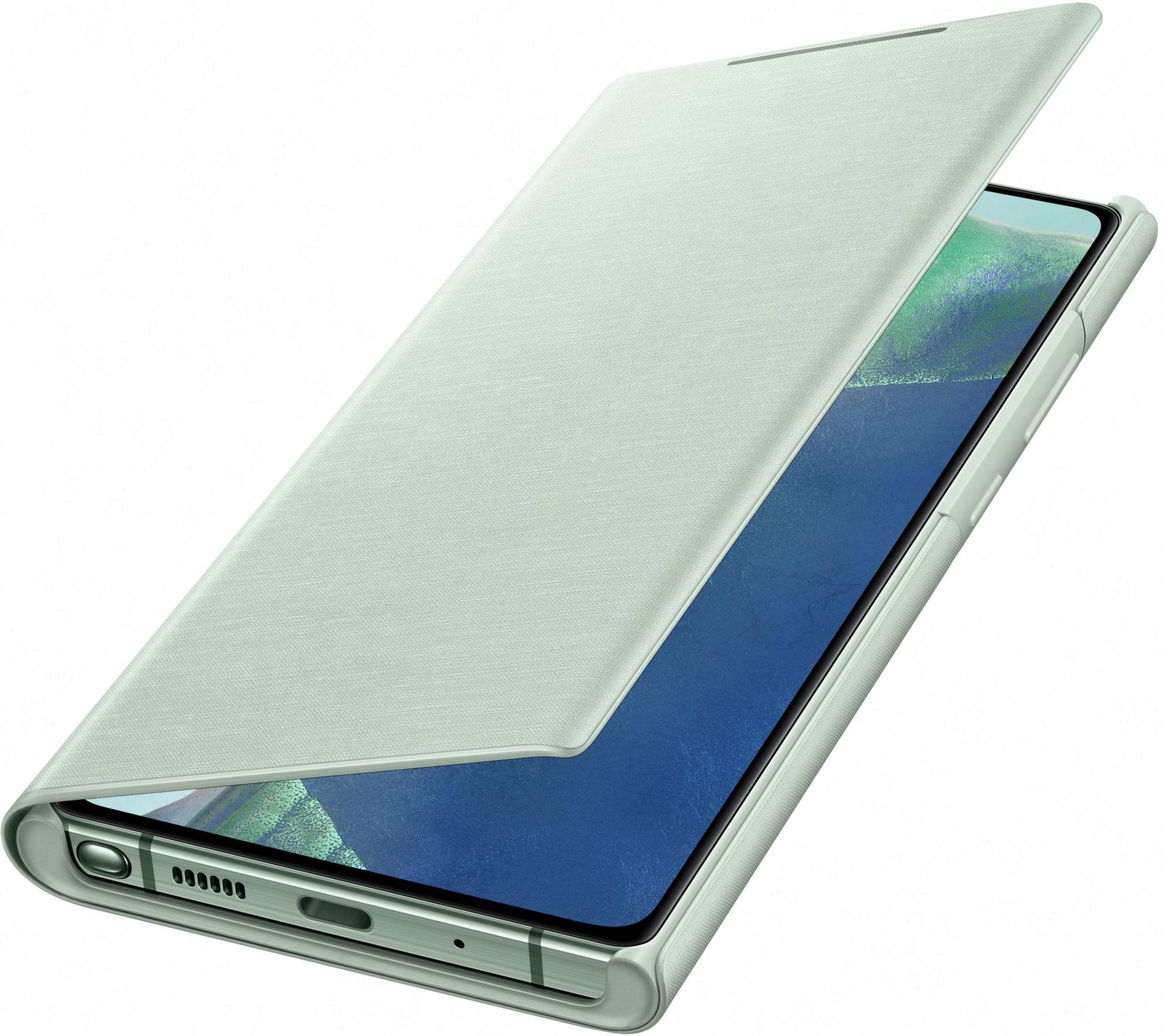 Un teléfono verde claro con la funda abierta. La pantalla es azul.