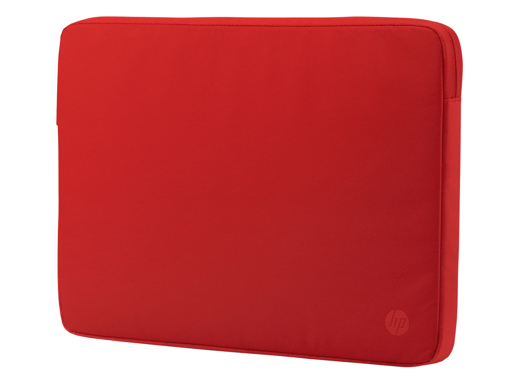 A red HP laptop sleeve with a textured fabric finish.