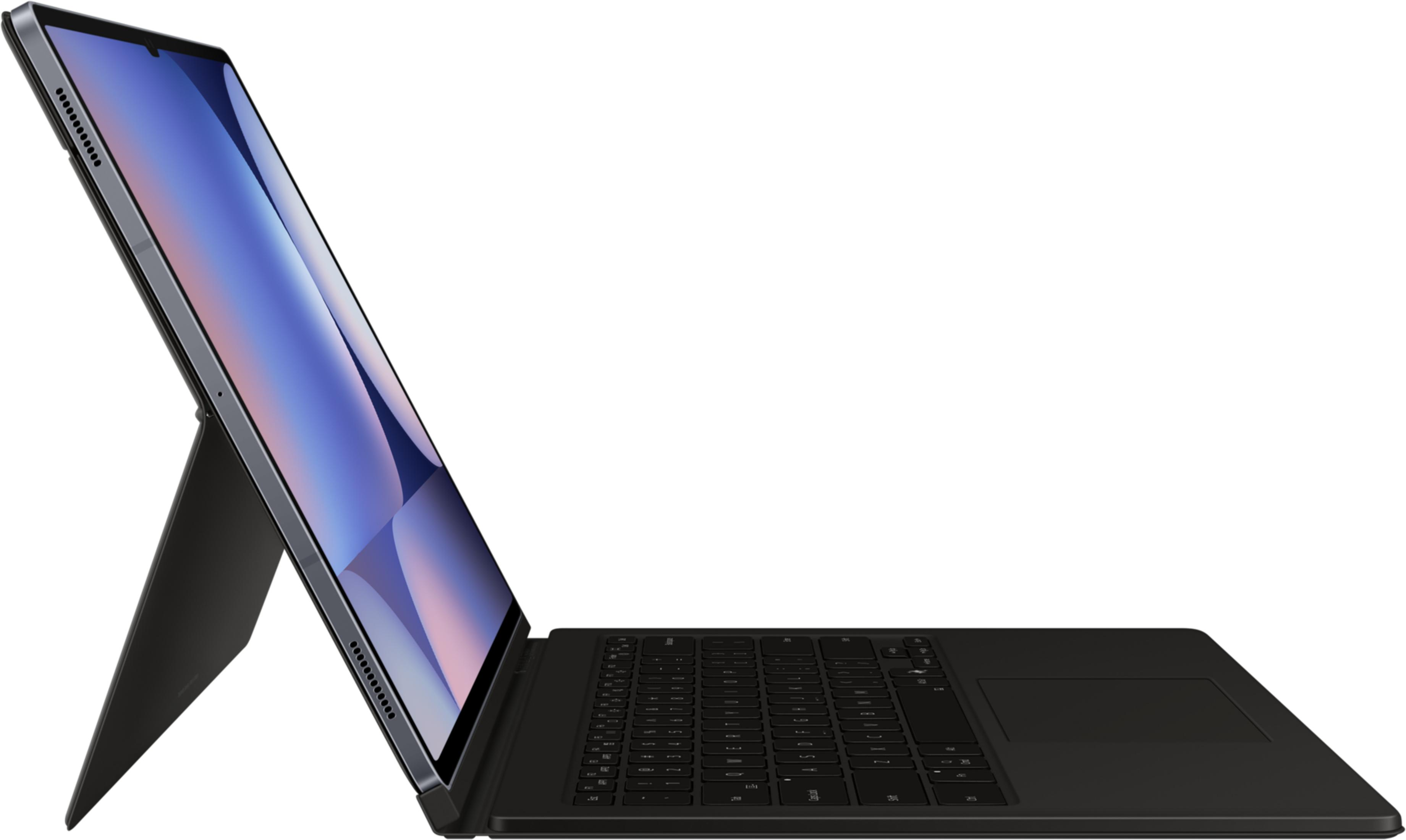Un tablet aperto con tastiera nera e supporto, su sfondo bianco.