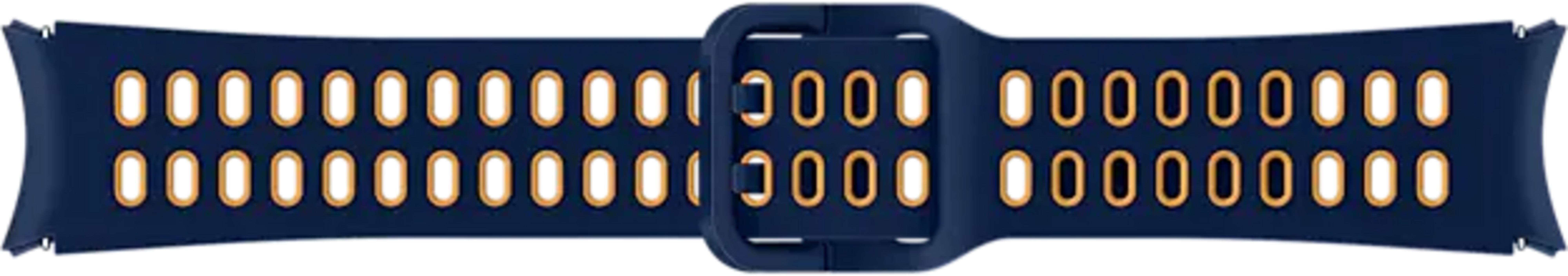 Cinturino blu scuro con fori di ventilazione ovali arancioni e fibbia.