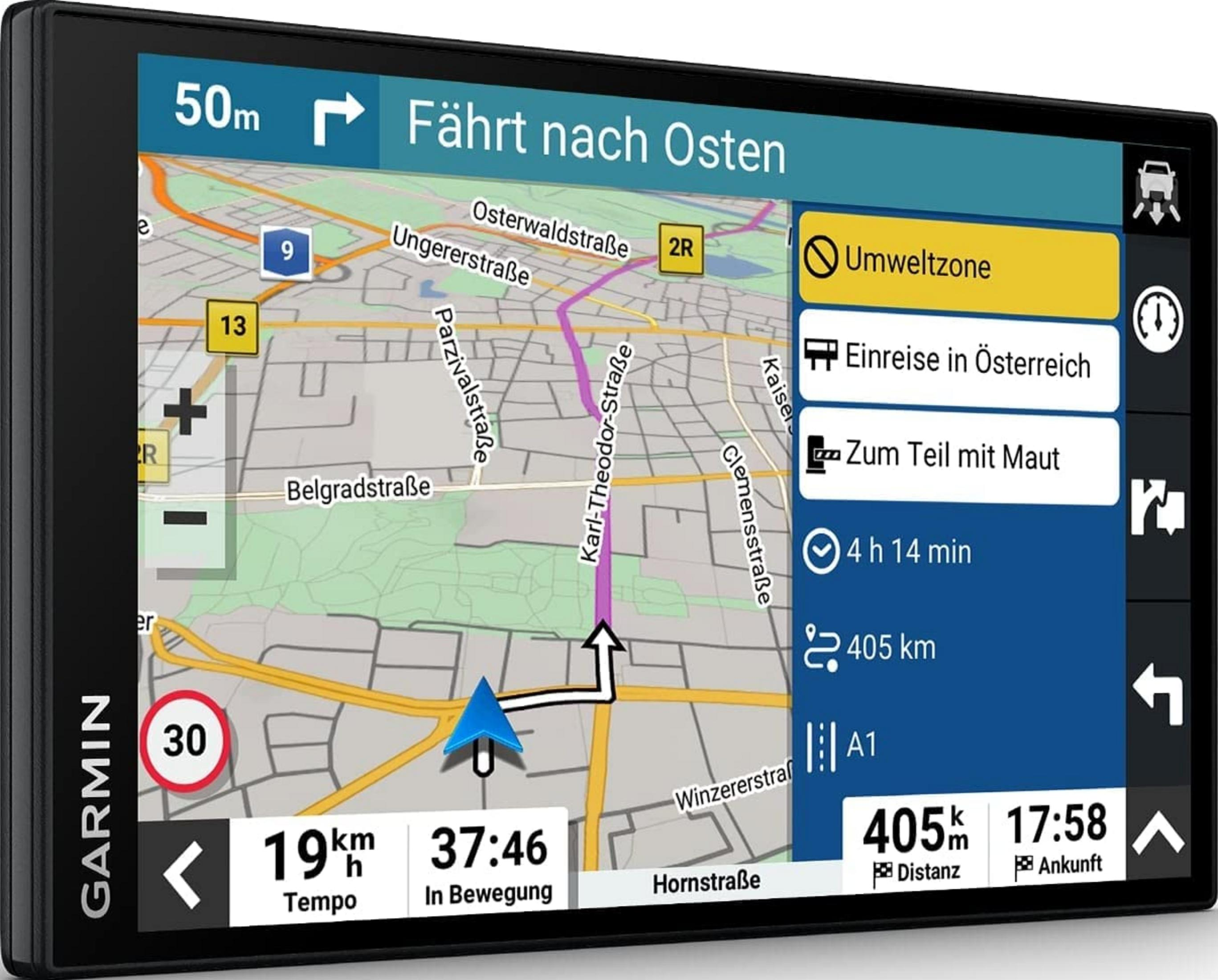 Urządzenie nawigacyjne Garmin wyświetla mapę z prowadzeniem trasy na wschód.