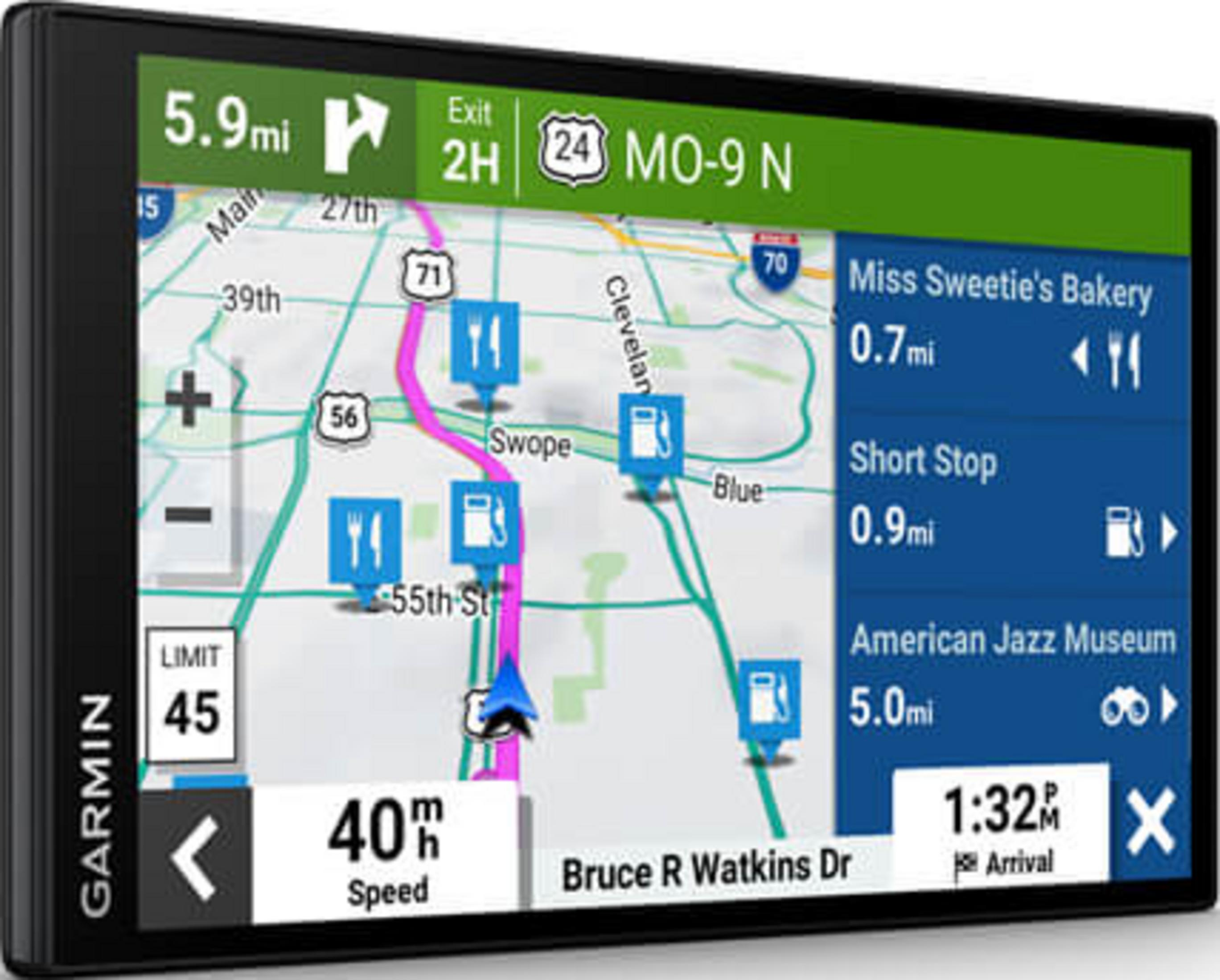 Urządzenie GPS wyświetlające mapę z trasami, POI i czasem przybycia.