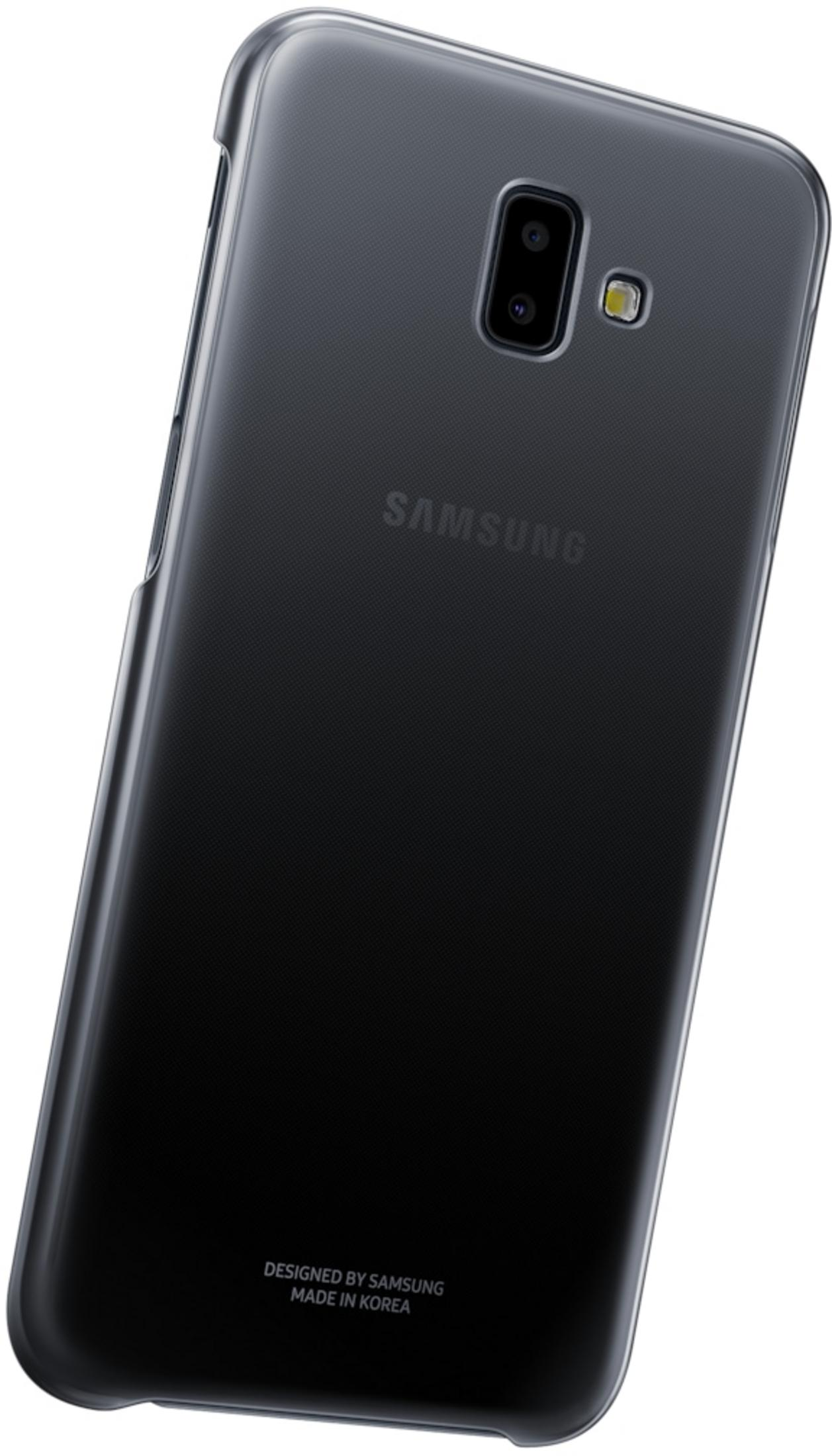 Czarny telefon Samsung w przezroczystym etui, z aparatem i lampą błyskową.