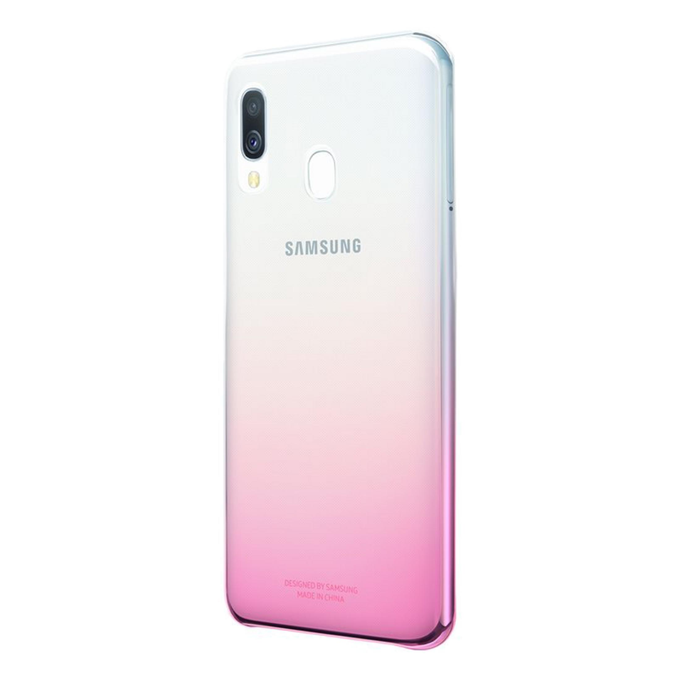 Un smartphone Samsung con parte trasera degradada a rosa y doble cámara trasera.
