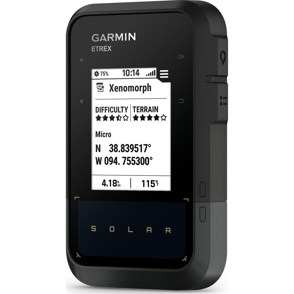 Urządzenie GPS Garmin Etrex wyświetla współrzędne, trudność i teren.