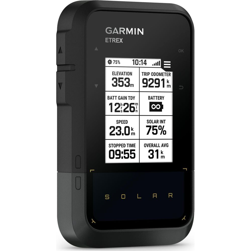 Urządzenie Garmin Etrex pokazujące wysokość, przebytą trasę, prędkość, baterię i czas.