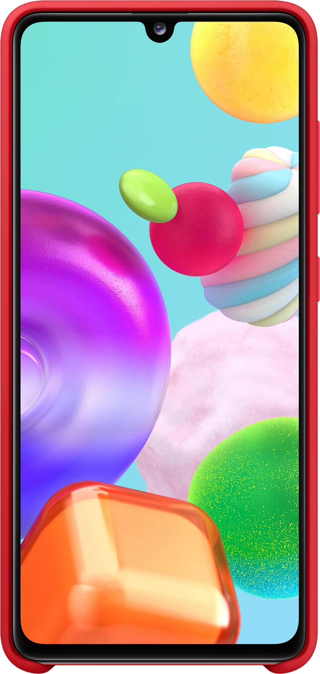 Uno smartphone rosso mostra uno sfondo colorato con caramelle.
