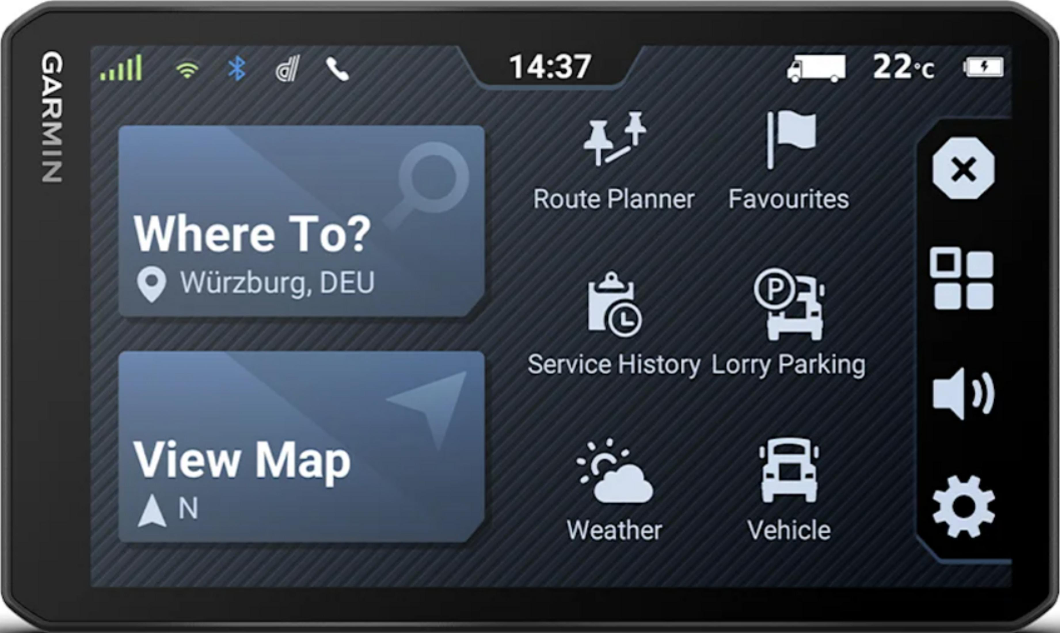 Dispositivo di navigazione Garmin con opzioni menu: Percorso, Preferiti, Servizio, Meteo, Veicolo.