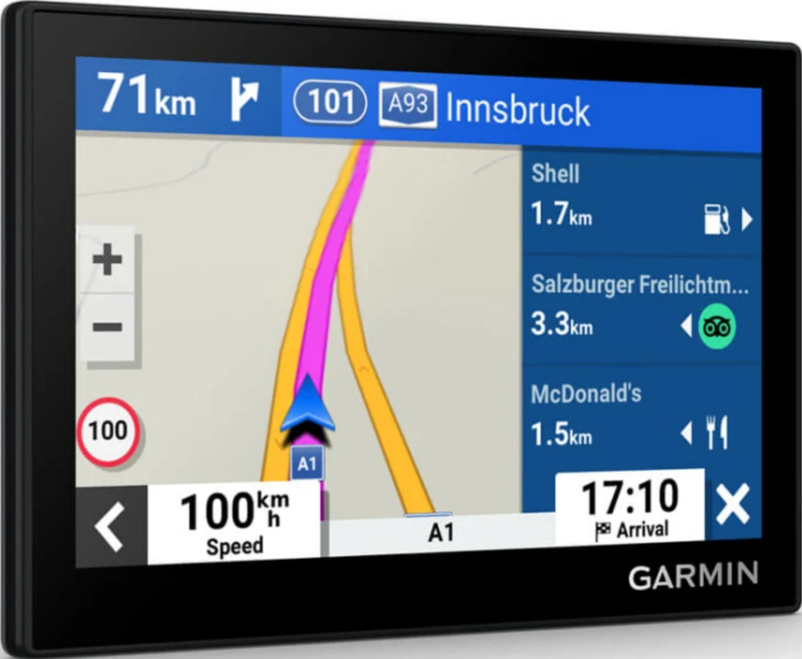 GPS mostra percorso per Innsbruck, 71km, con stazione di servizio, McDonald's.