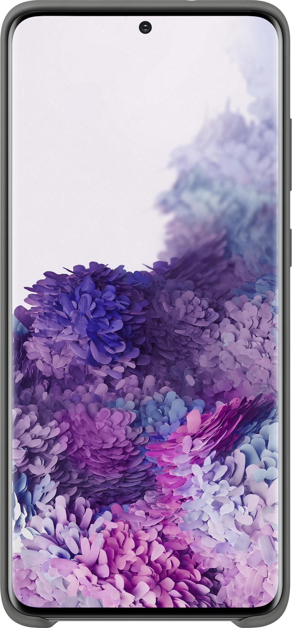 Un smartphone affichant un fond d'écran à motifs floraux violets et bleus.