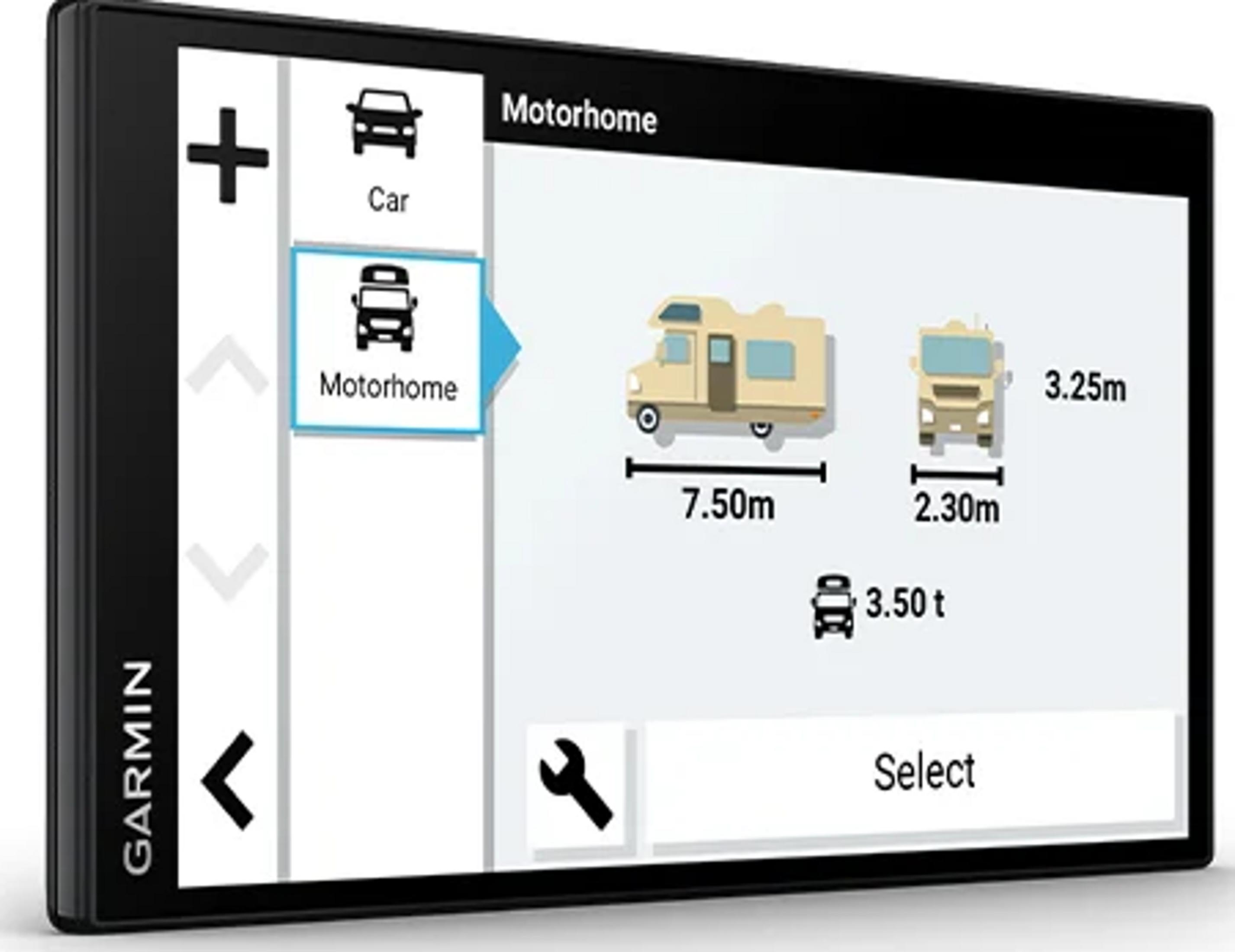 Dispositivo Garmin muestra perfiles de vehículos: Autocaravana (7.50m, 3.50t) y Camión (3.25m, 2.30m).