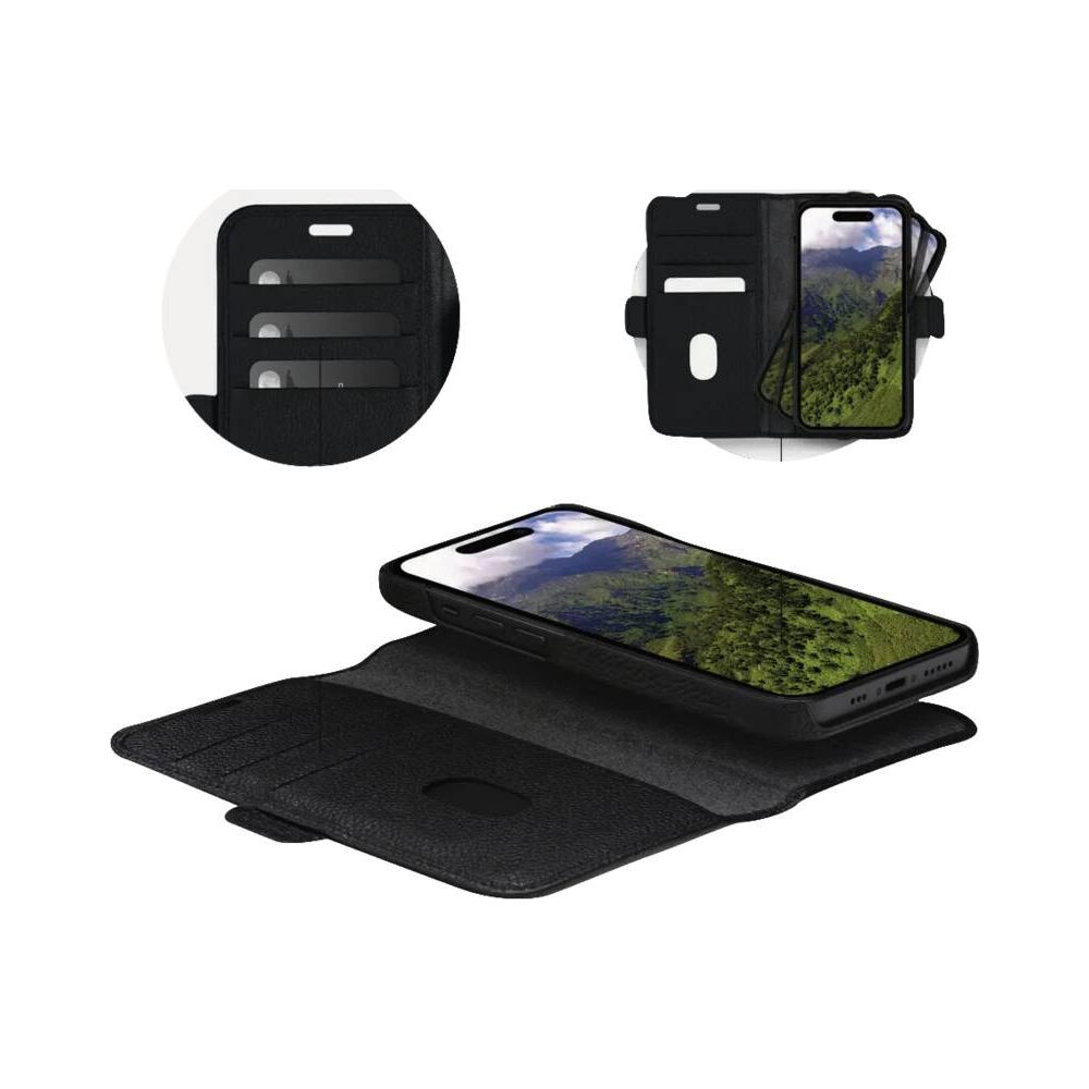 Schwarze Lederhülle geöffnet, zeigt Handy mit Berglandschaft.