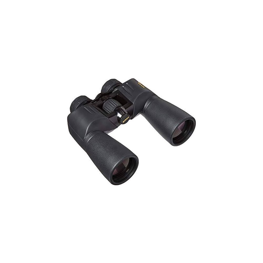 Prismáticos Nikon negros con rueda de enfoque sobre fondo blanco.