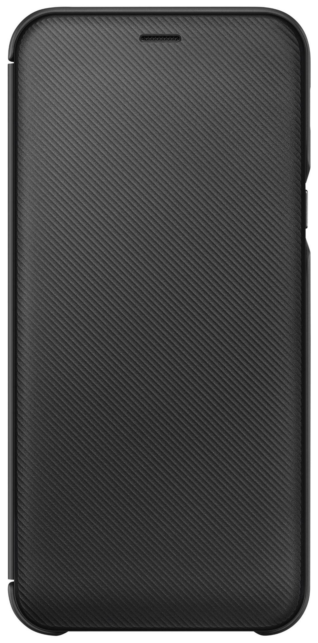 Custodia nera per telefono con sottili scanalature diagonali e un ritaglio in alto.
