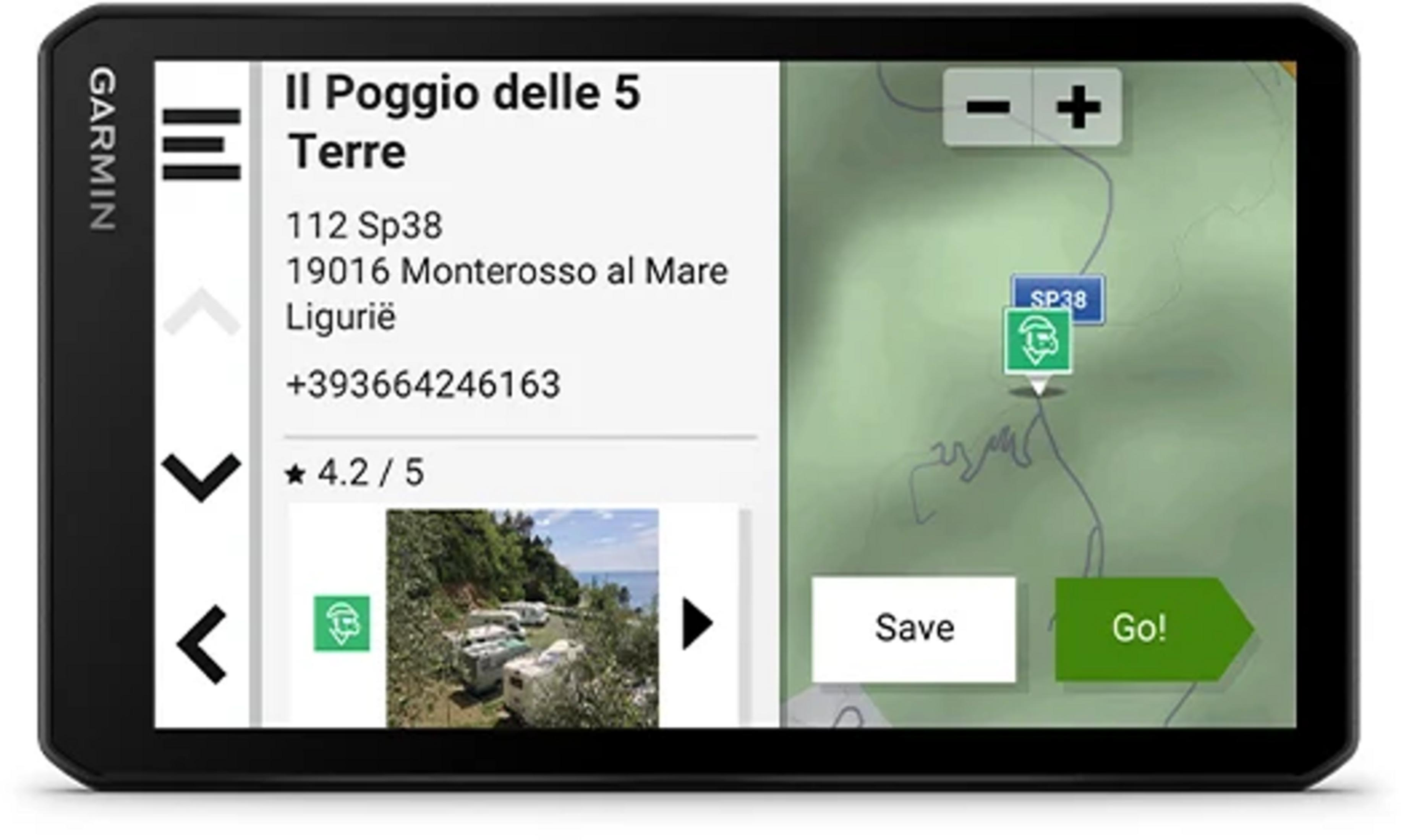 GPS Garmin mostra mappa con camper e indirizzo "Il Poggio delle 5 Terre".