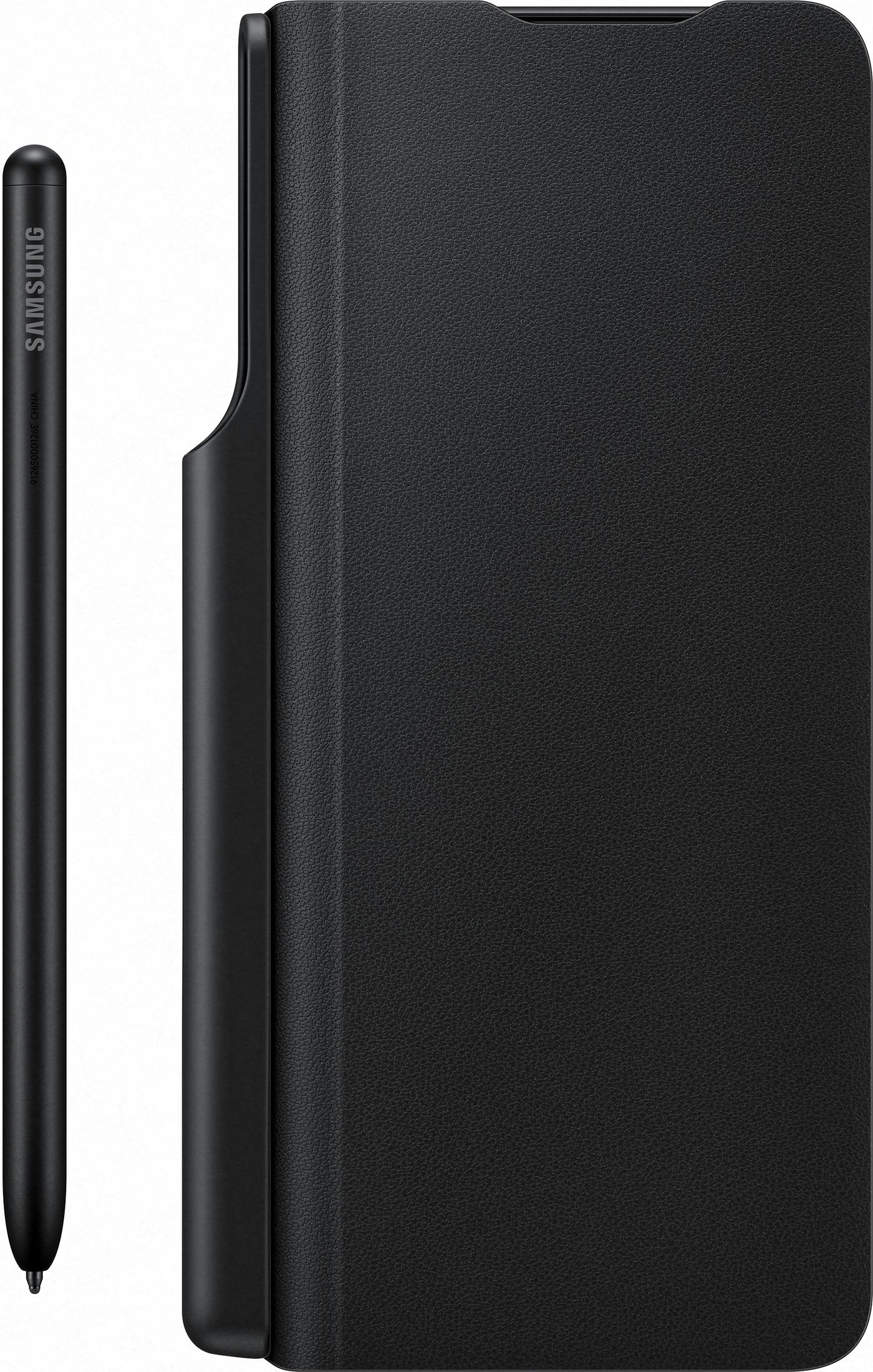 Un lápiz óptico negro junto a una funda negra para un dispositivo Samsung.