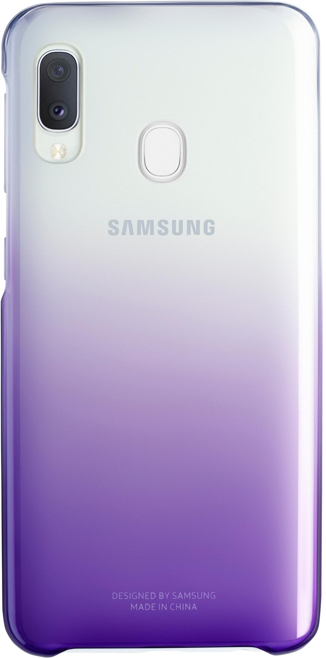 Parte trasera de un teléfono Samsung con acabado degradado morado, cámara y sensor de huellas.