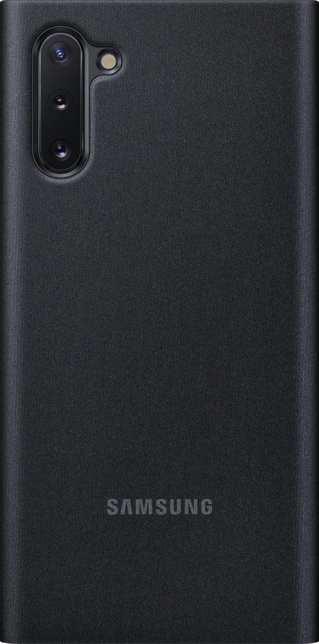 Custodia nera per telefono con sensore fotocamera e logo Samsung.