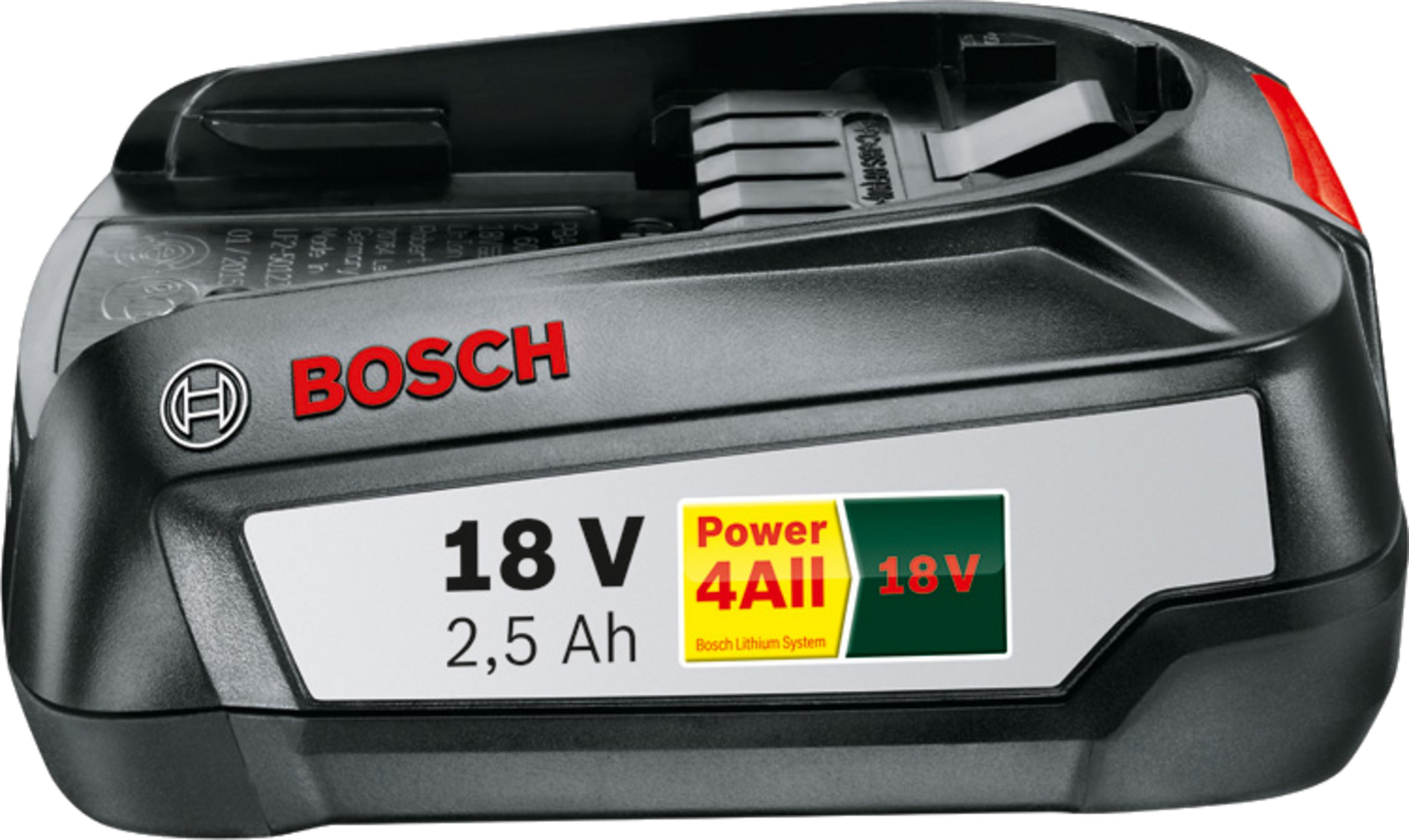 Kırmızı vurgular ve etiketlerle siyah Bosch 18V 2,5Ah Lityum-iyon pil.