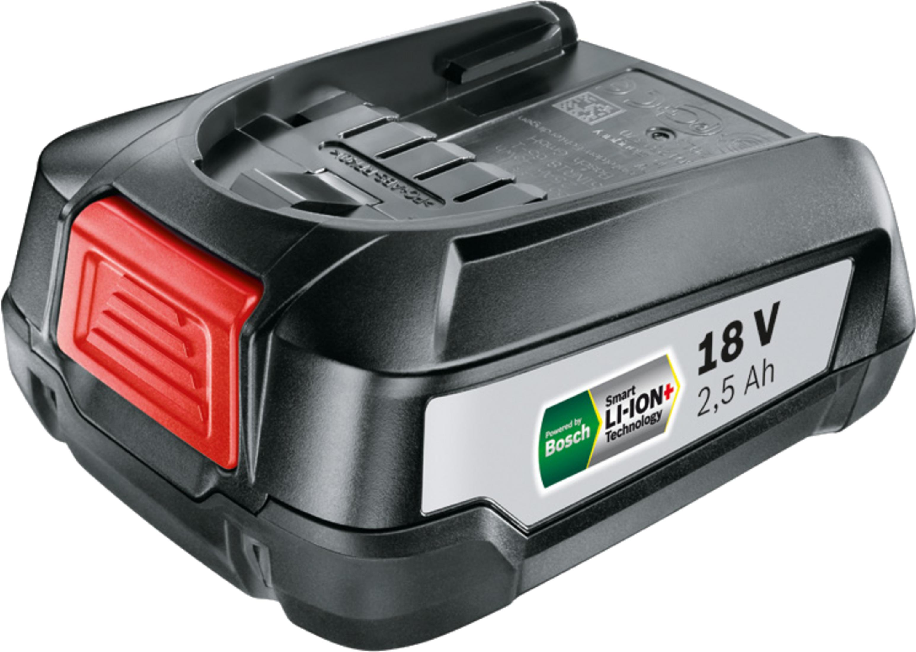 Kırmızı serbest bırakma düğmeli siyah 18V 2,5 Ah Bosch Li-Ion pil.