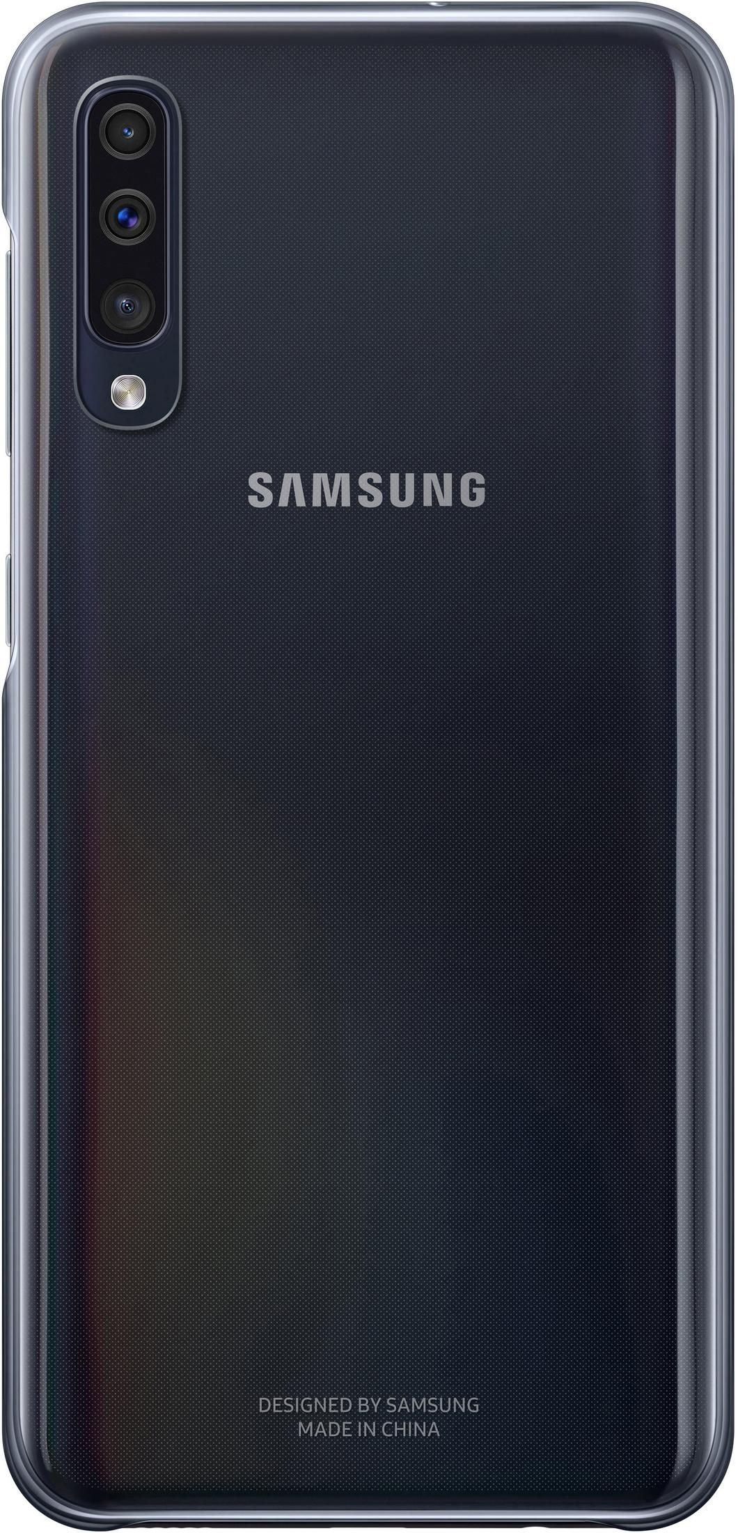 Parte trasera de un smartphone Samsung negro con cámara triple y logo.