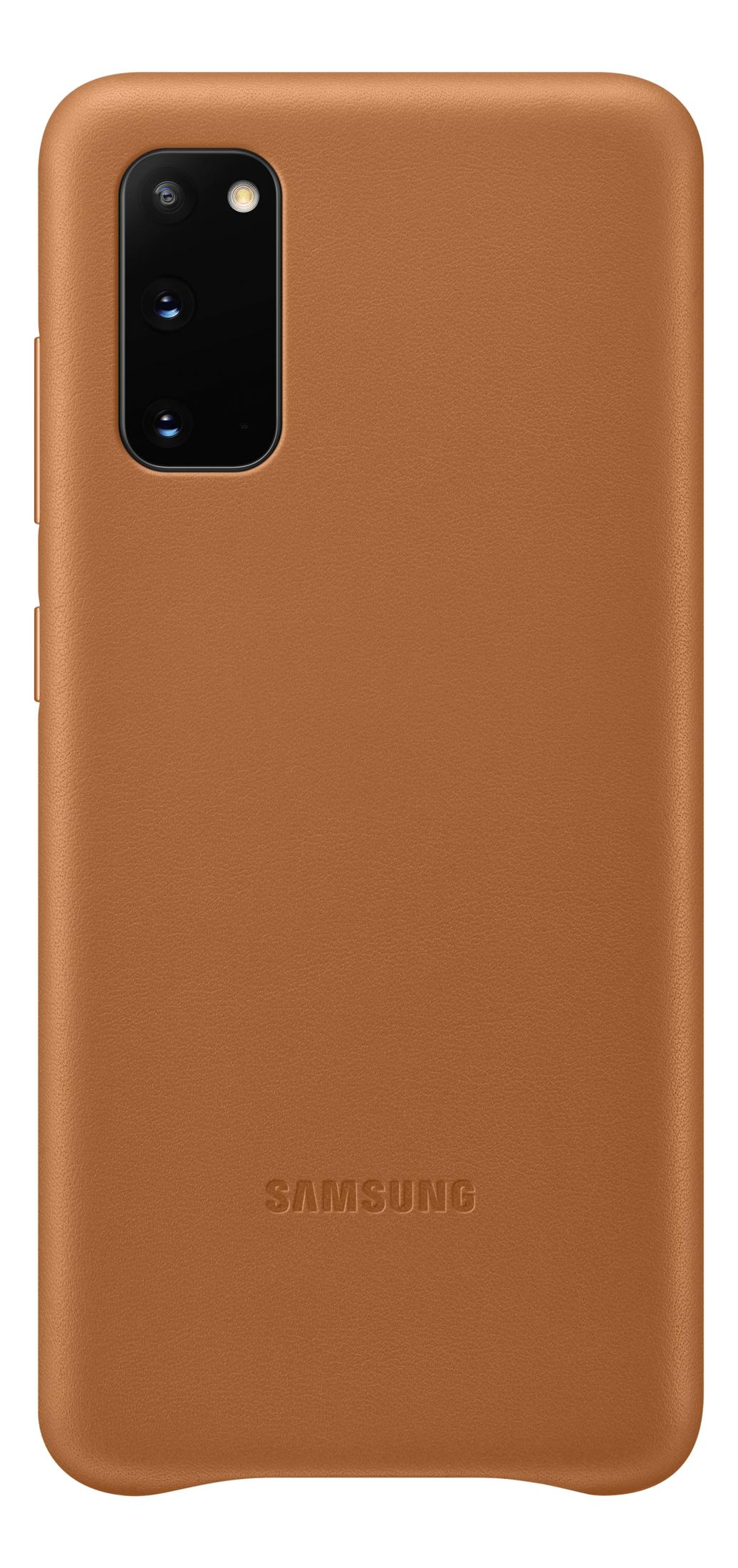 Funda de teléfono marrón con lentes de cámara y logo de Samsung.