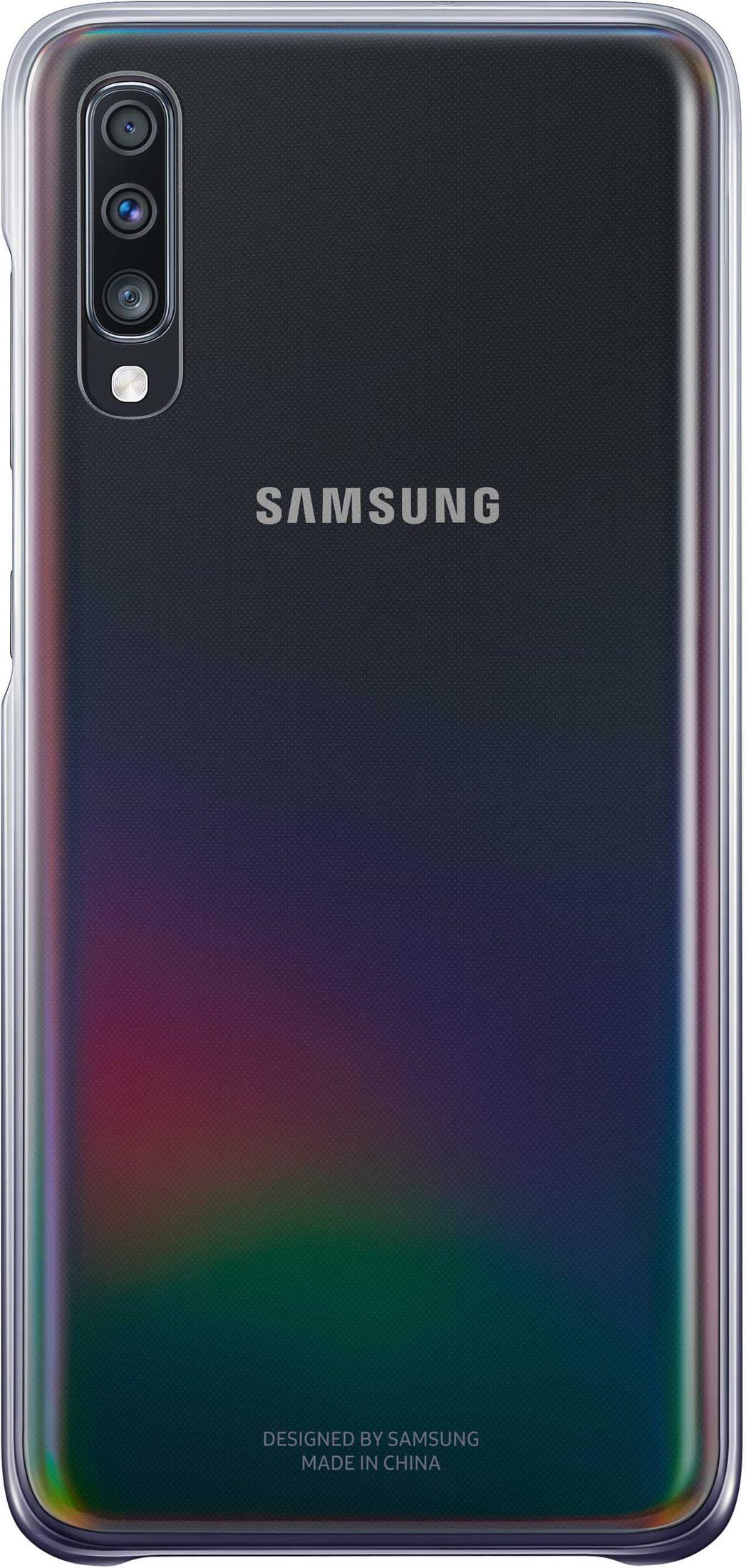 Retro di un telefono Samsung con tre fotocamere e flash. Custodia trasparente.