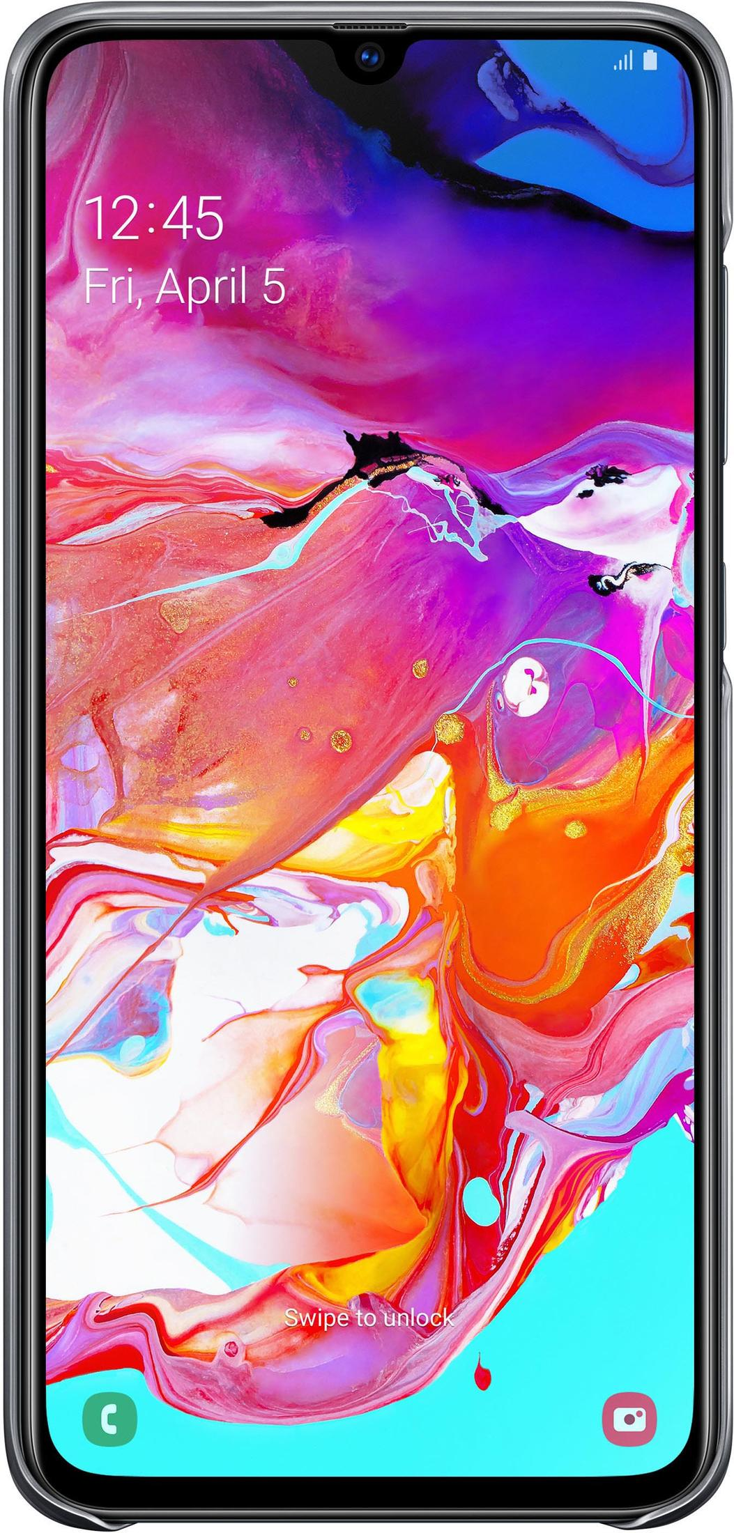 Blocco schermo smartphone con sfondo astratto viola, arancione e rosa.