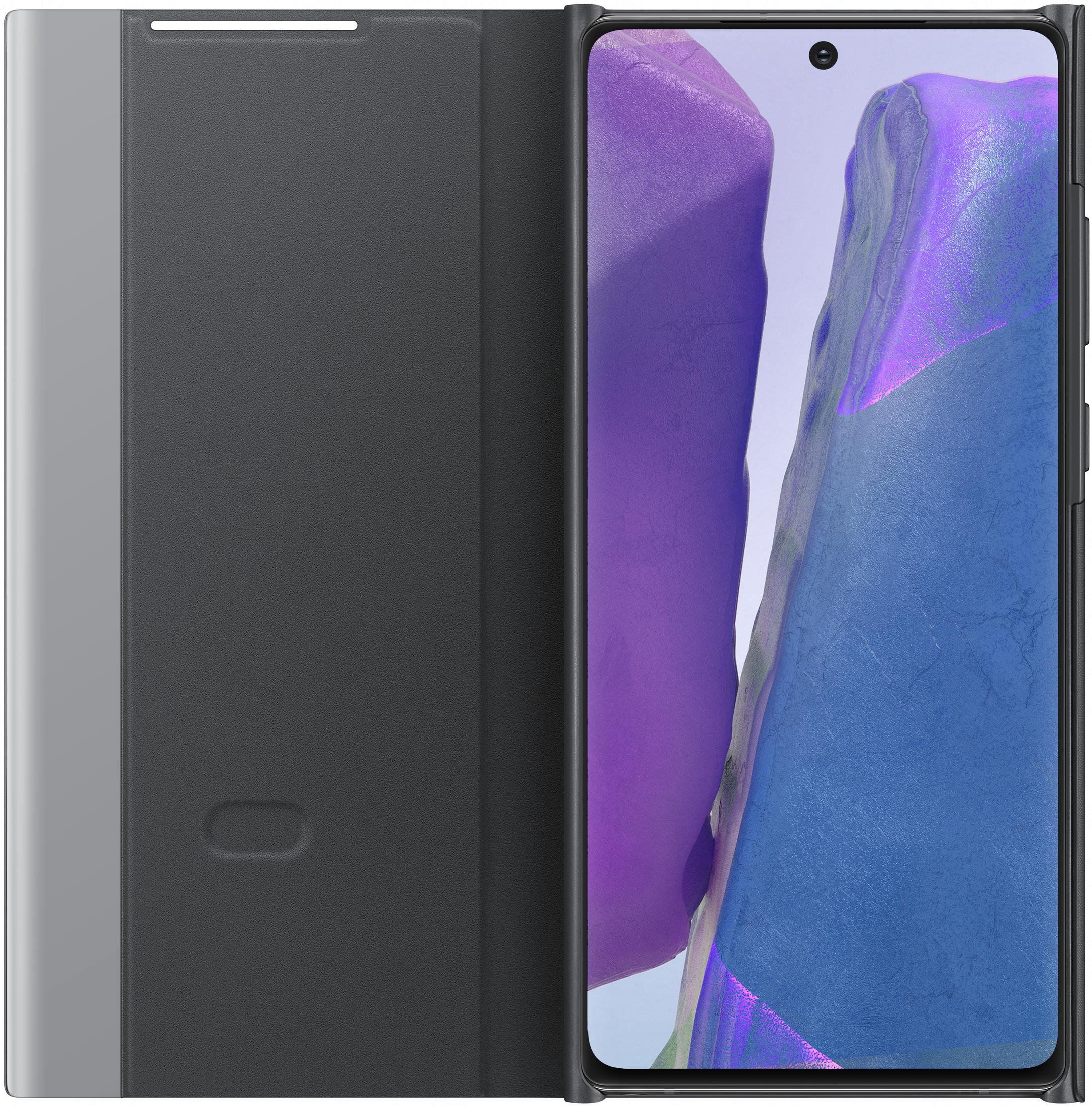 Ein graues Handycover liegt neben einem Smartphone mit lila Hintergrund.