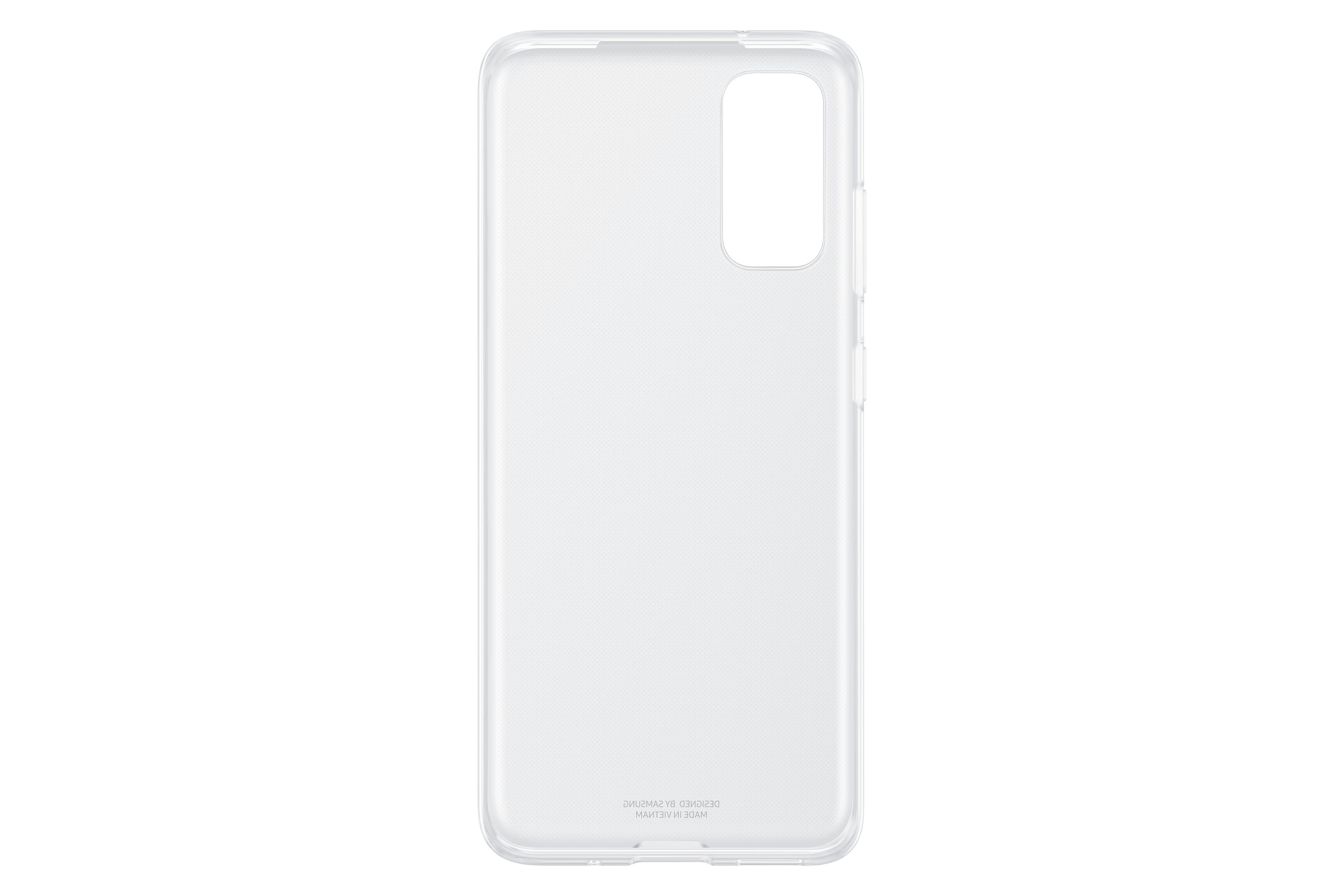 Una cover trasparente per telefono con ritaglio per fotocamera e pulsanti.