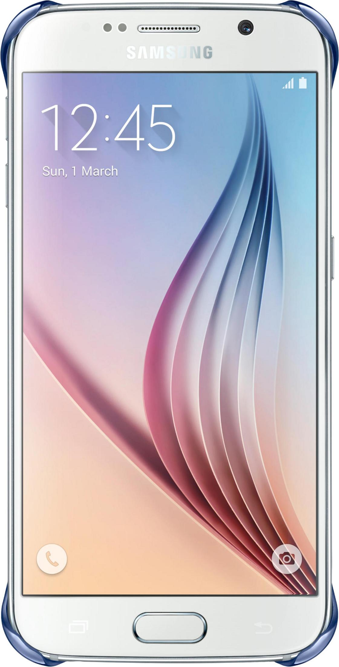Un telefono Samsung bianco con bordo blu, mostra le 12:45 e una grafica astratta.