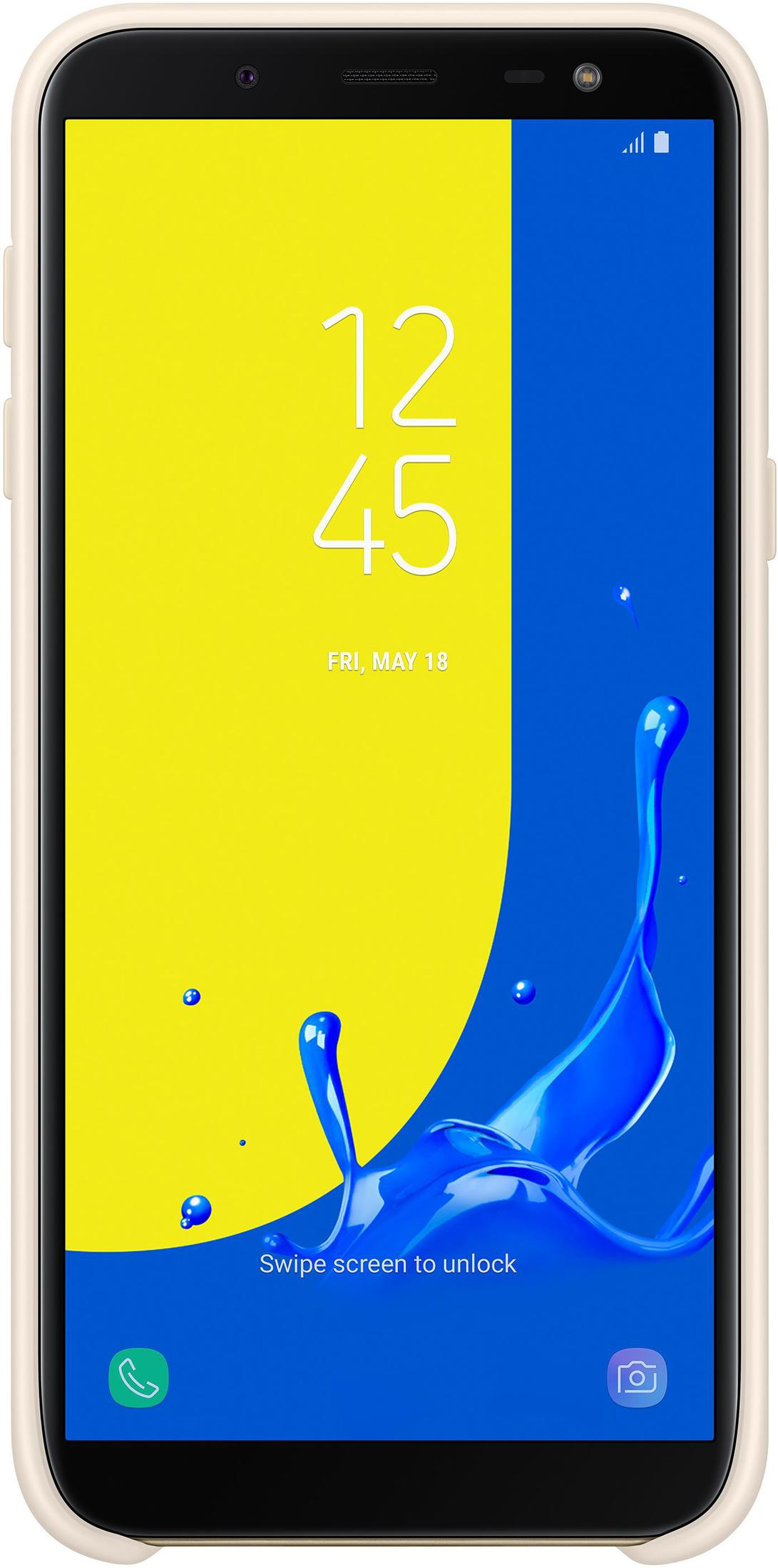 Uno smartphone beige chiaro con schermo blocco giallo-blu mostra le 12:45.